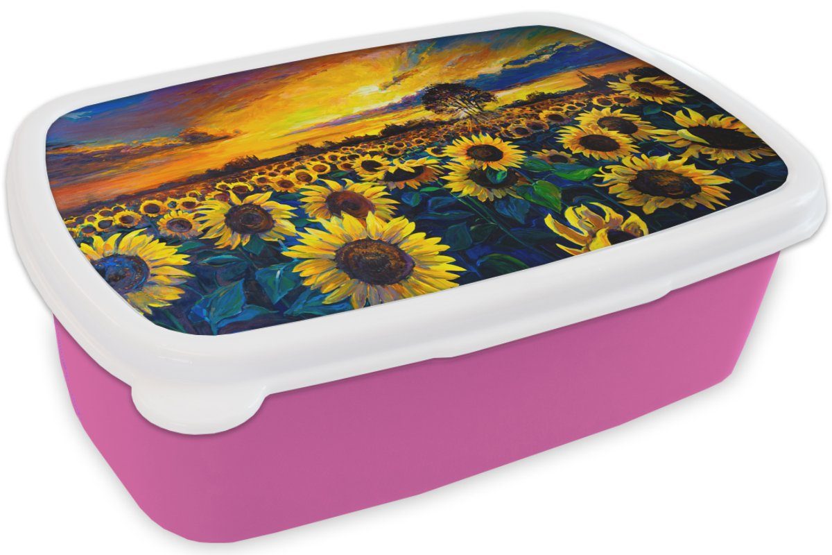 Snackbox, Kinder, - MuchoWow Blumen (2-tlg), Ölfarbe Erwachsene, Brotbox Kunststoff Lunchbox Sonnenblume, Mädchen, Malerei - für rosa Brotdose - Kunststoff,