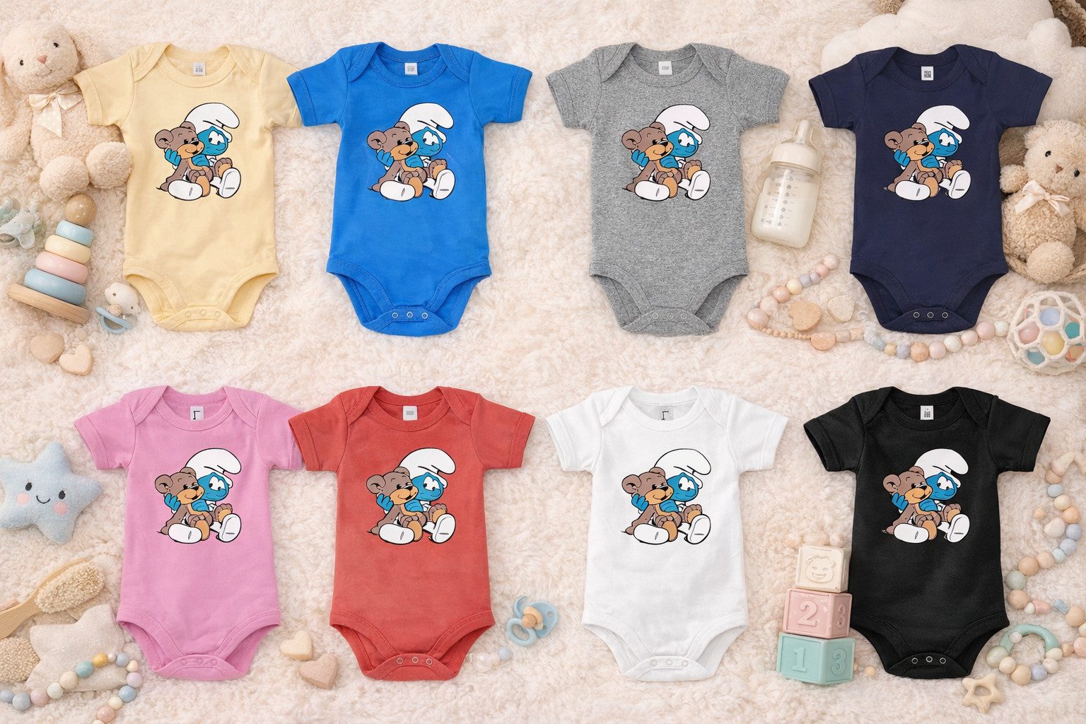 Blondie & Brownie Strampler Kinder Baby Babyschlumpf Schlümpfe Serie Teddybär Teddy Bär Schlumpf Baby Strampler Schlumpf Motiv Baumwolle Regular Fit Unisex Body