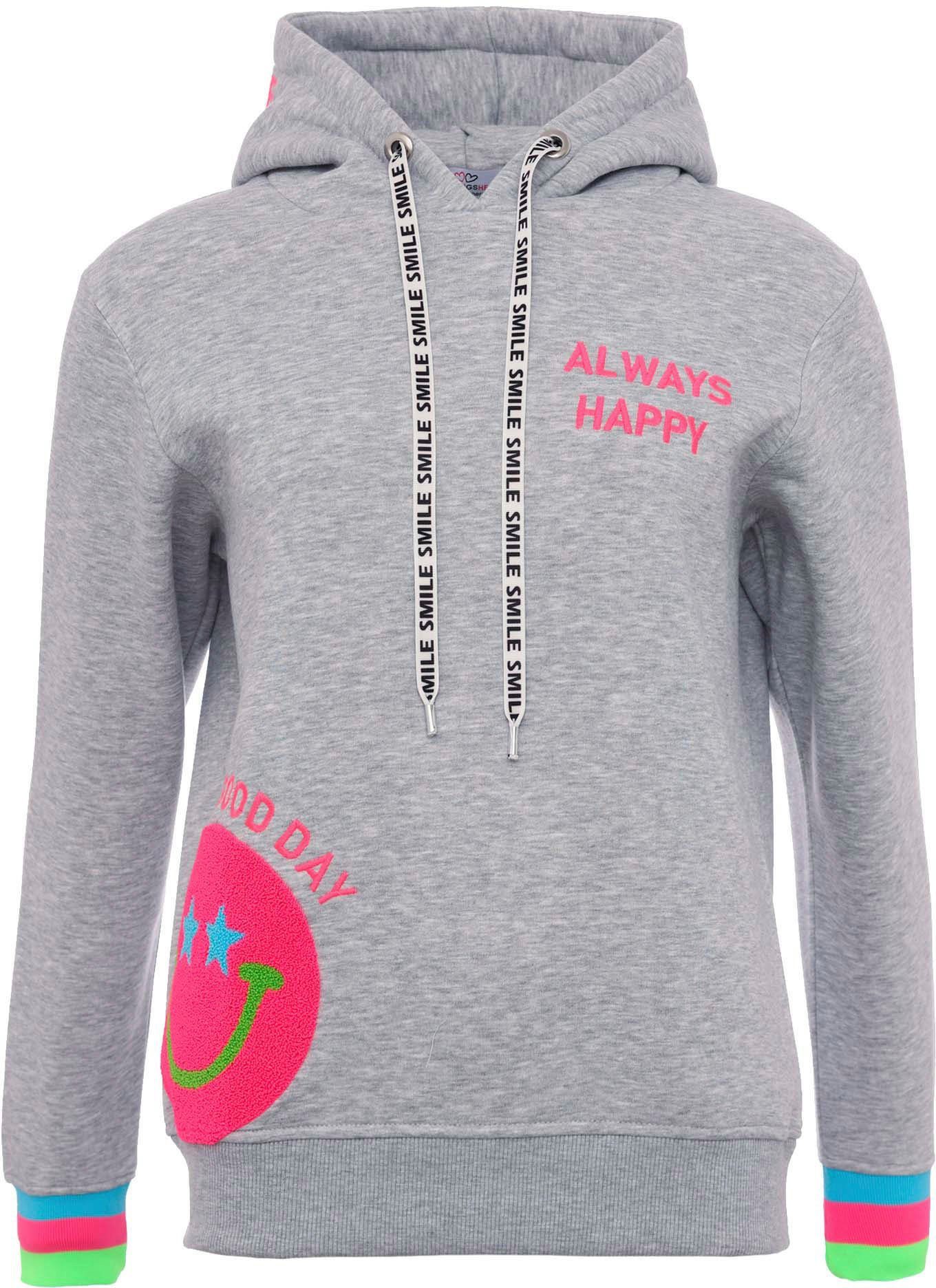 Zwillingsherz Hoodie "Always Happy" Smiley aus Frottee, Neon-Details, Kapuze, Langarm