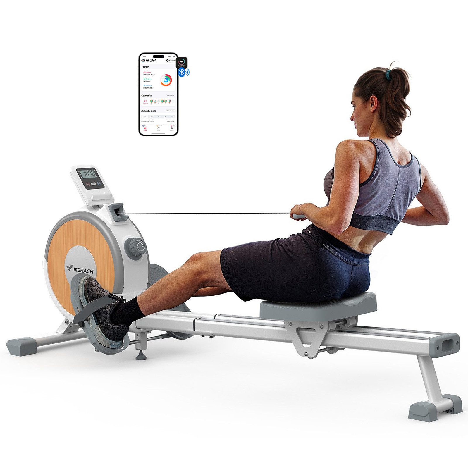MERACH Rudergerät für Zuhause, Leises Magnetisches Rudergerät, mit Exklusiver APP (mit 16 Widerstandsstufen und Verbesserte Doppelschienen, mit Bluetooth Display & Tablet-Halter, Vertikale Aufbewahrung), Indoor Rudermaschine, Leicht zu Montieren, Belastba