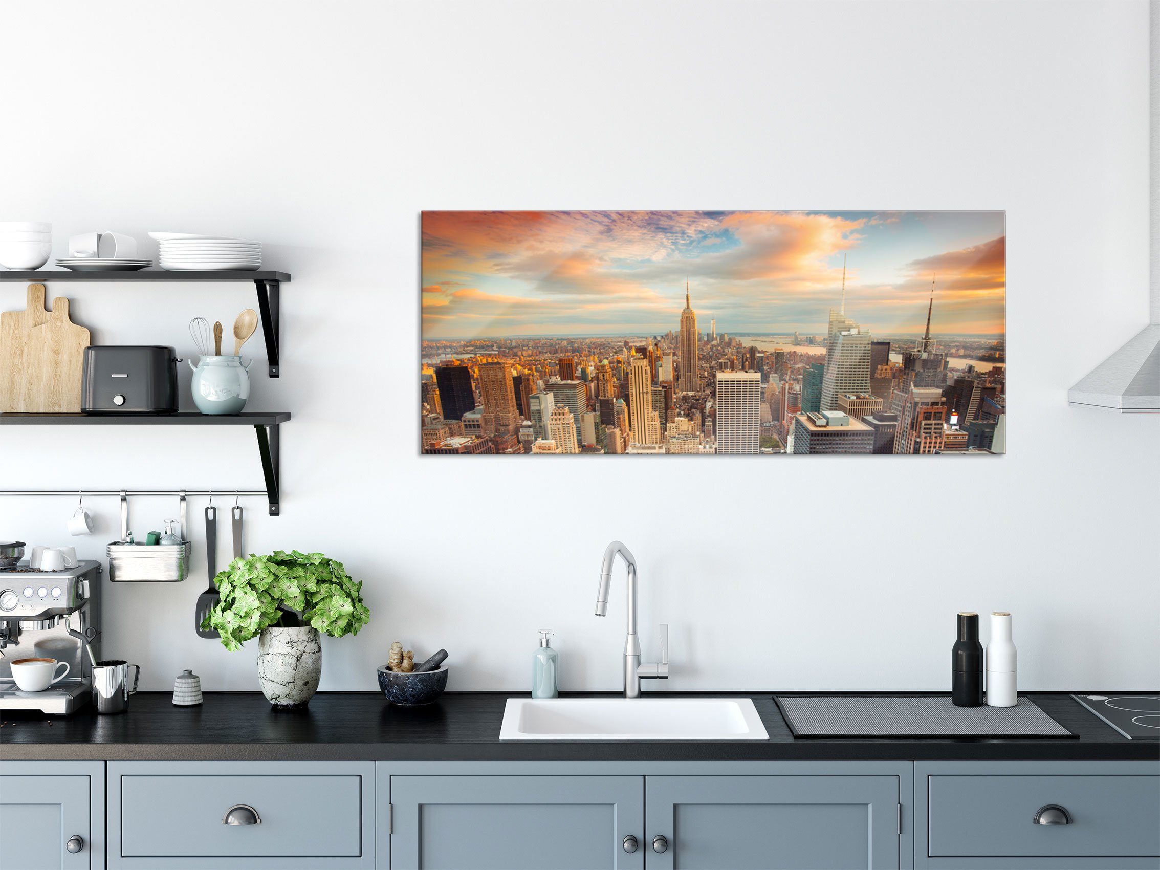 New York, Glasbild aus Echtglas, inkl. New York Skyline Aufhängungen von (1 von Skyline Glasbild St), Pixxprint und Abstandshalter