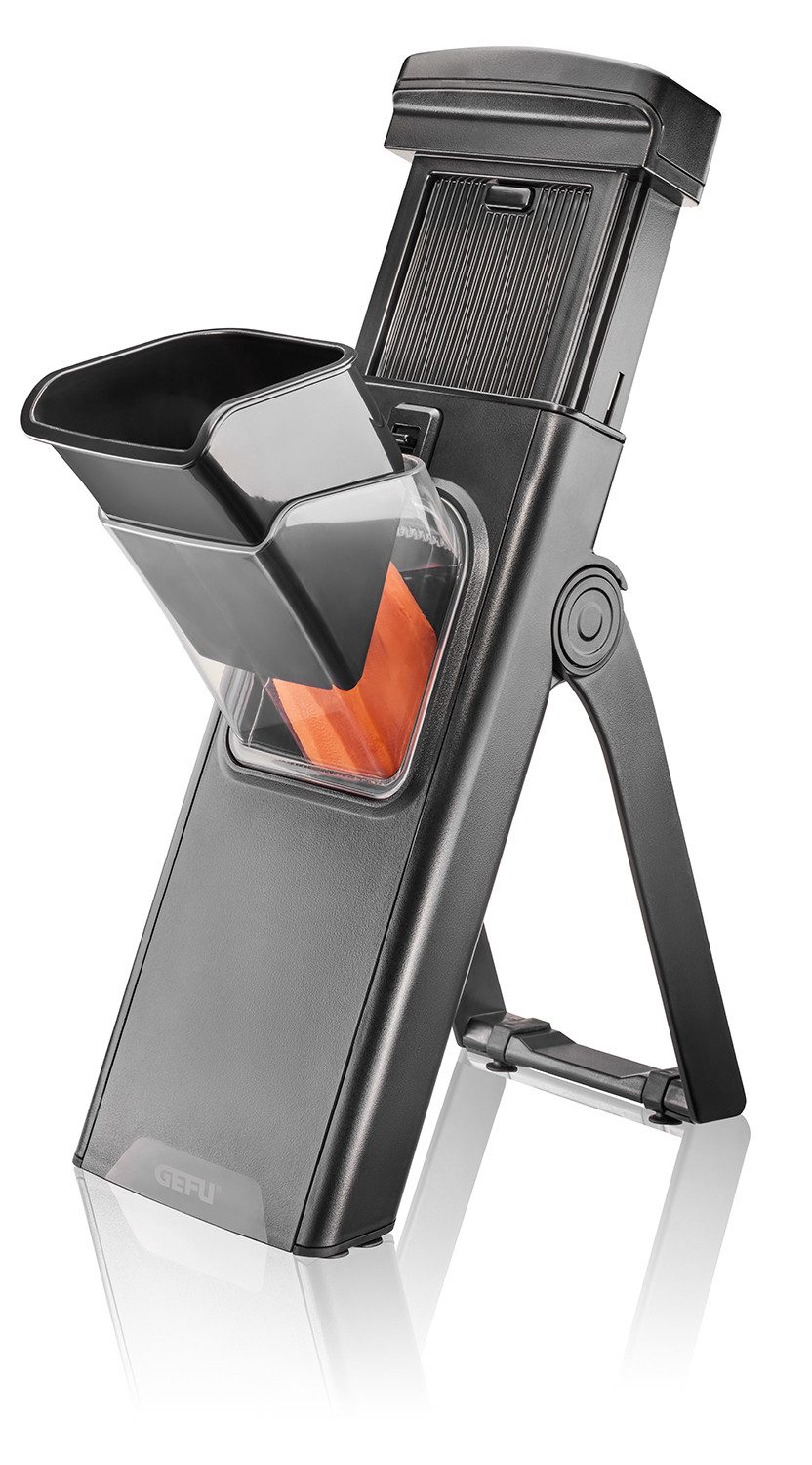 GEFU Gemüsehobel All-in-One, praktischer Gemüse-Hobel, sparsam verstaubar, Kunststoff, (Set, Hobel mit Auffangehälter, Reinigunsbürste und Schutzkappe), leichtes Verstellen der Klingen durch Drehräder auf der Rückseite