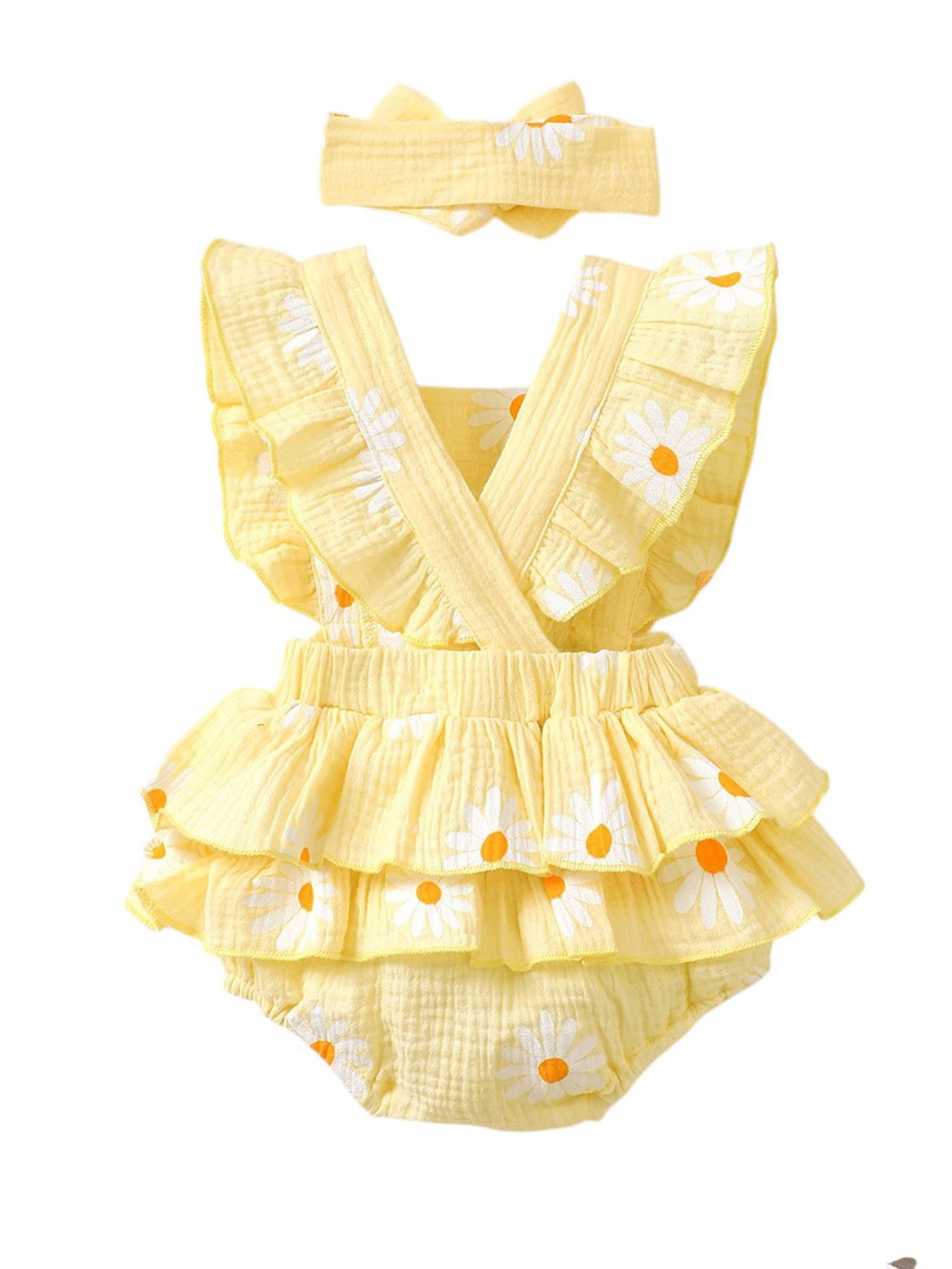Gluckids Strampler Sommer Outfit für Babymädchen, Body mit Rüschen aus Baumwolle Haarband (Set, 2-tlg) mit Blumenmuster,Krabbelkleidung für Neugeborene, festliche Party