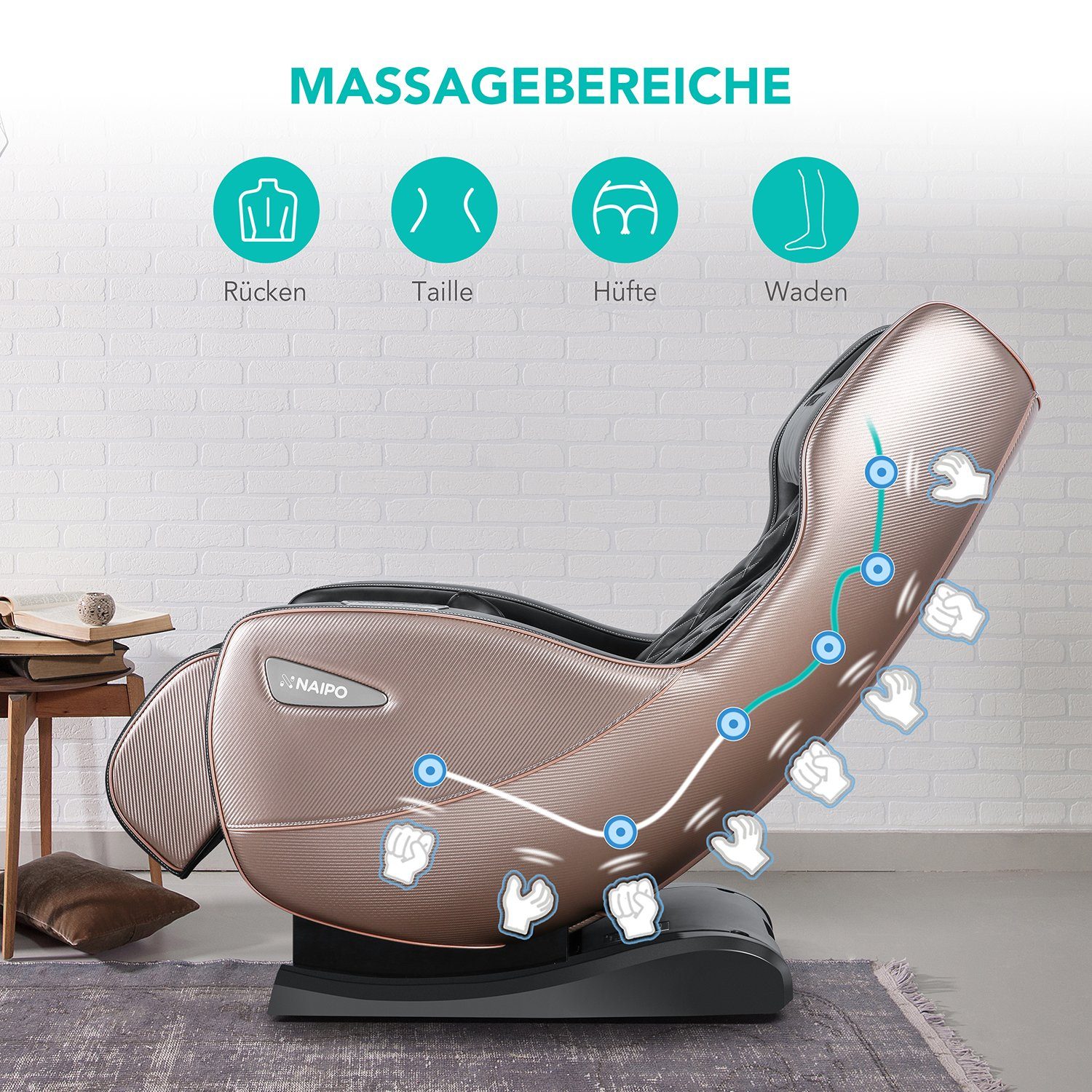 NAIPO Massagesessel, Massagestuhl Liegeposition, Bluetooth, Braun-Schwarz mit Platzsparend