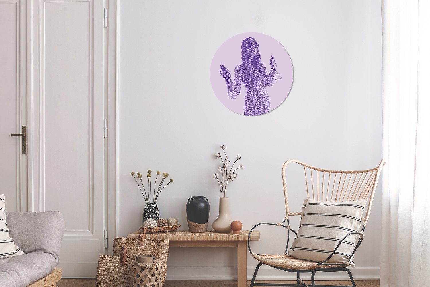 Wohnzimmer MuchoWow jungen Tapetenkreis (1 Hippie-Frau für Kinderzimmer, Wandsticker Eine St), Rund, Illustration Tapetenaufkleber, einer