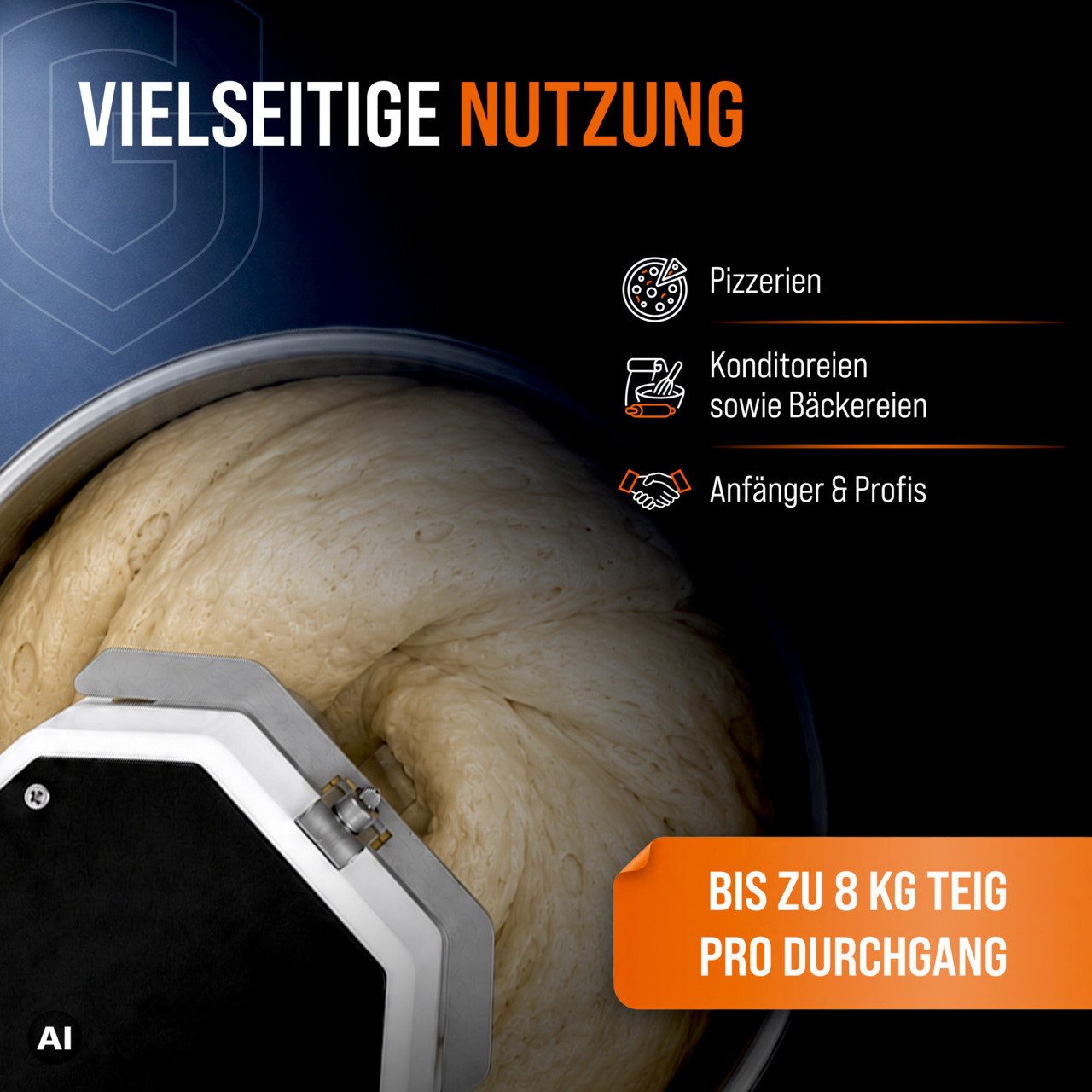 GastroHero Küchenmaschine Spiralteigknetmaschine ECO 20 Liter 230 V fester Kopf Edelstahl, 1100 W, 20 l Schüssel, Europäische Hygienevorschriften, robuster Teig – Bild 4 von 5