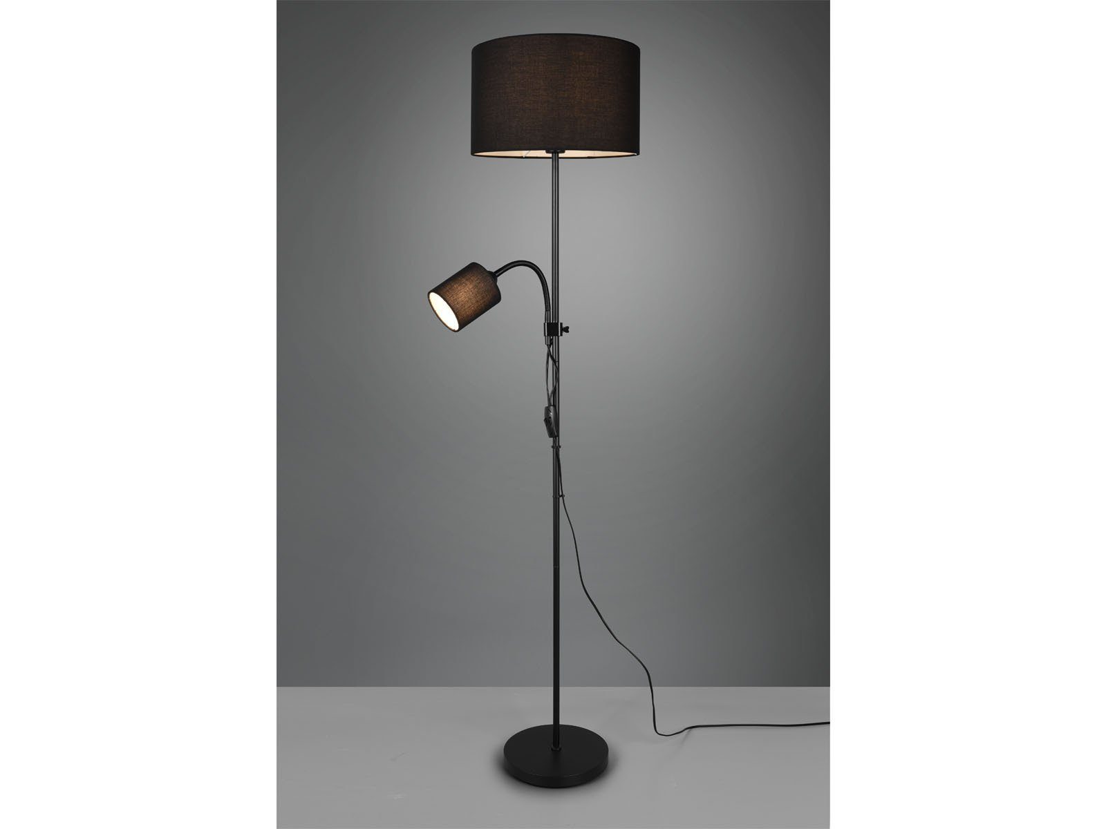 Reality Leuchten LED Stehlampe, Lesearm, LED wechselbar, Warmweiß, Design-klassiker mit Leselampe Lampenschirm-e Stoff Schwarz Höhe 160cm