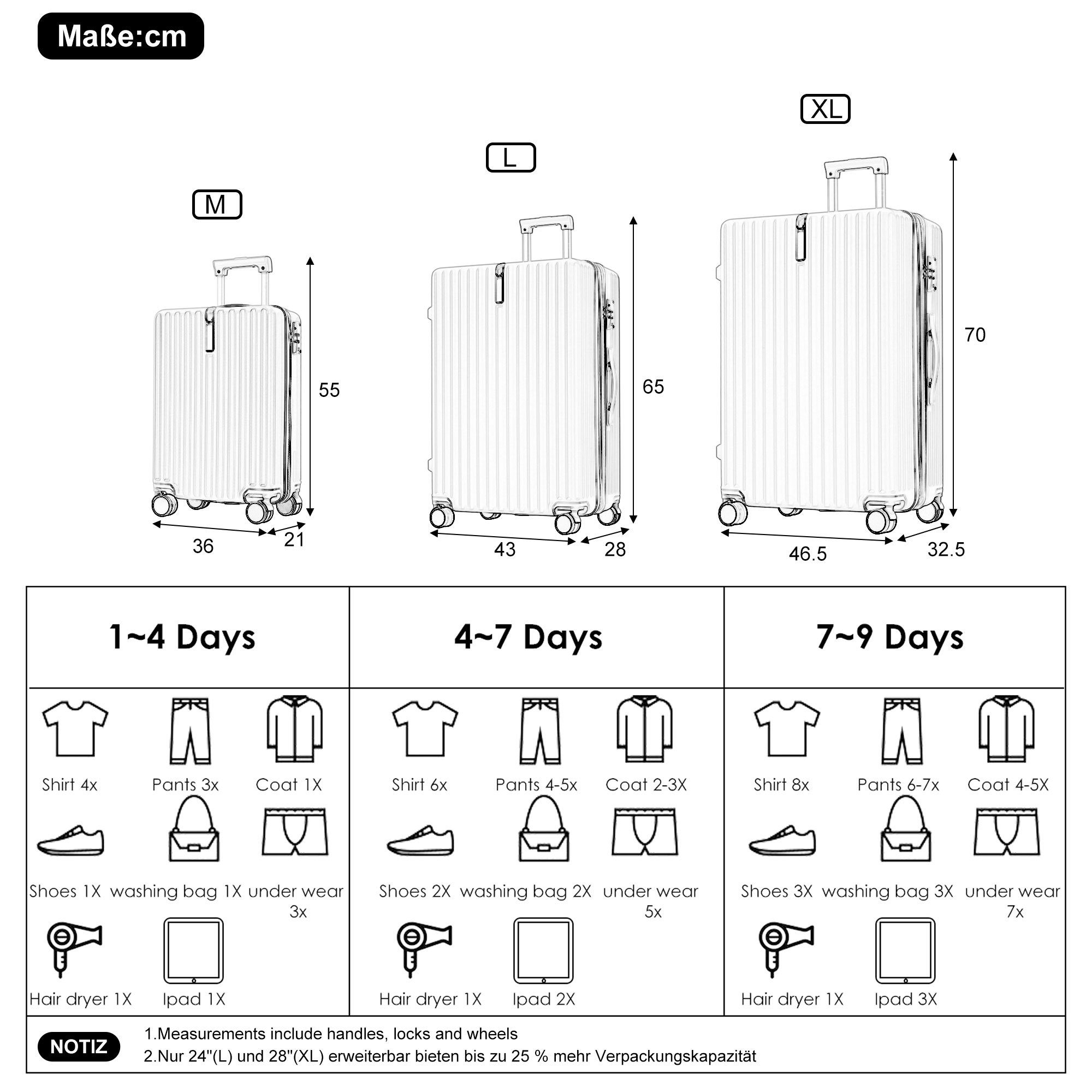 4 Schwarz Trolleyset Ulife Kofferset Handgepäck tlg) TSA (3 Zollschloss, Rollen, ABS-Material, Reisekoffer