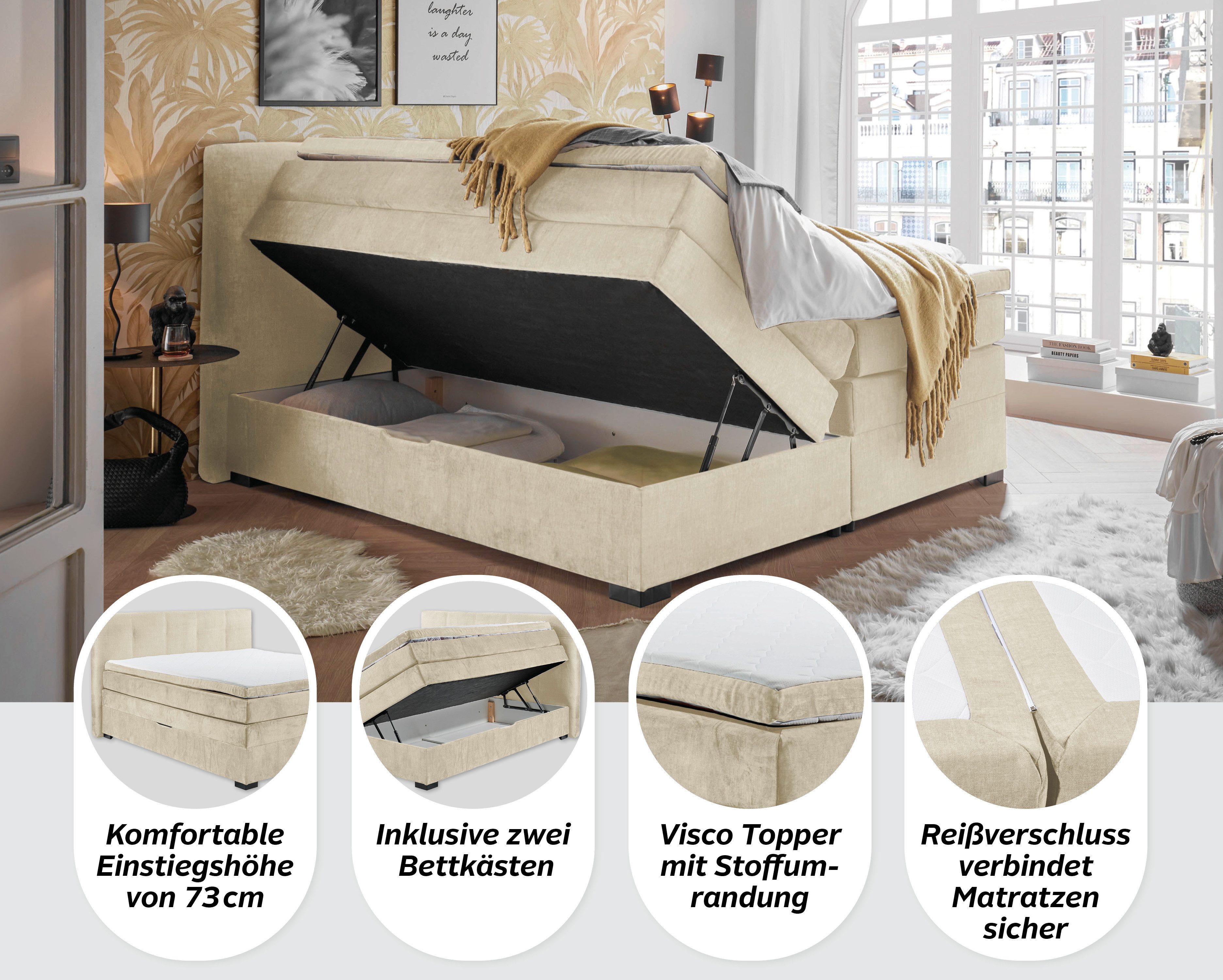 ED EXCITING DESIGN Boxspringbett Fanes mit Komforteinstiegshöhe von 73cm, erhältlich in 180x200cm, inkl. Bettkasten und 7cm Visco-Topper