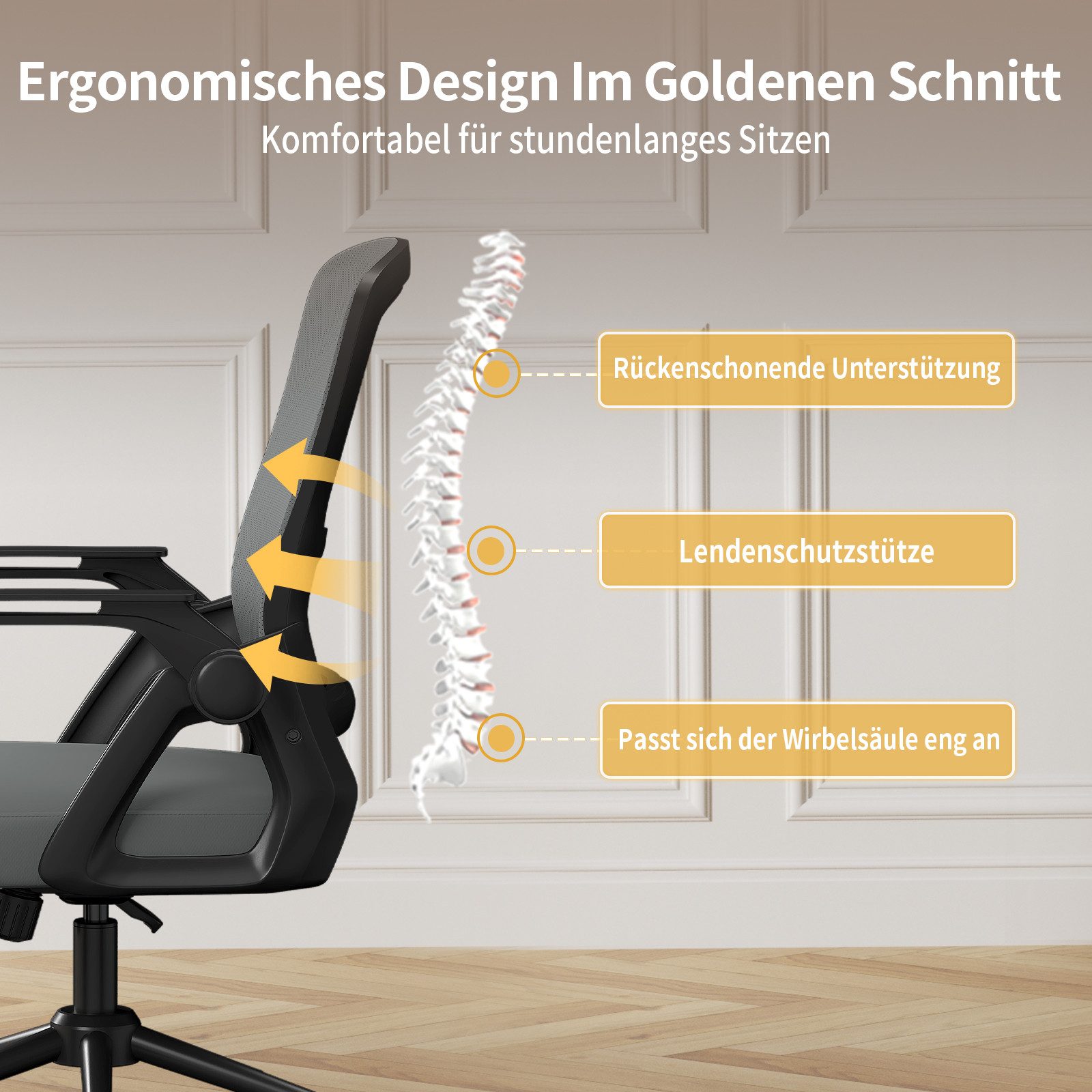 ZAISZE Bürostuhl Ergonomischer Bürostuhl mit Mesh-Rückenlehne und Lendenstütze (Verstellbarer Armlehnen, Atmungsaktiv, Höhenverstellbarer Schreibtischstuhl mit  – Bild 3 von 5