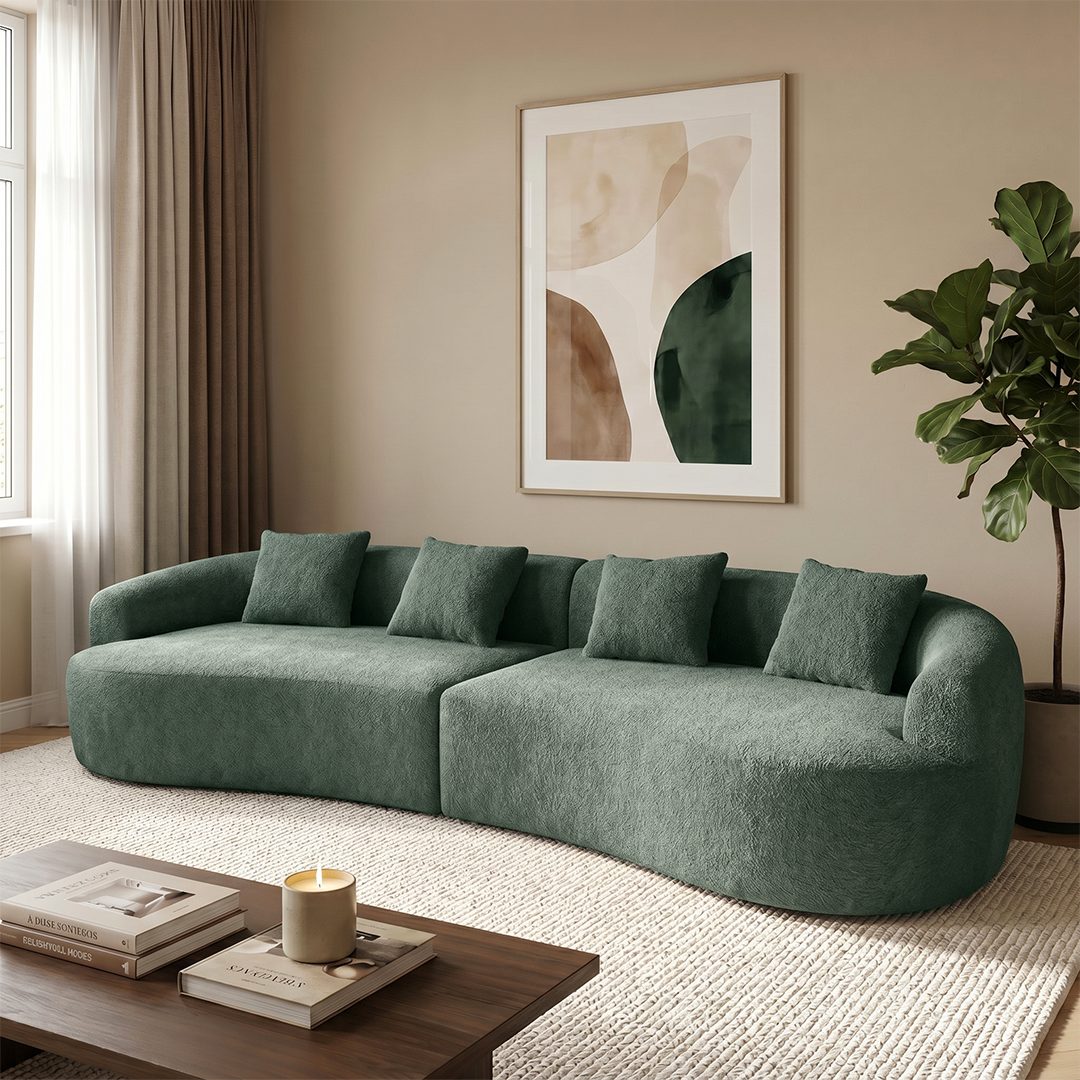 skølm Sofa Loki aus Teddy-Bouclé-Stoff, Vollschaumcouch mit Vakuum-Kompression, Dunkelgrün, Couch 4 Sitzer mit 4 Kissen, kein Aufbau notwendig
