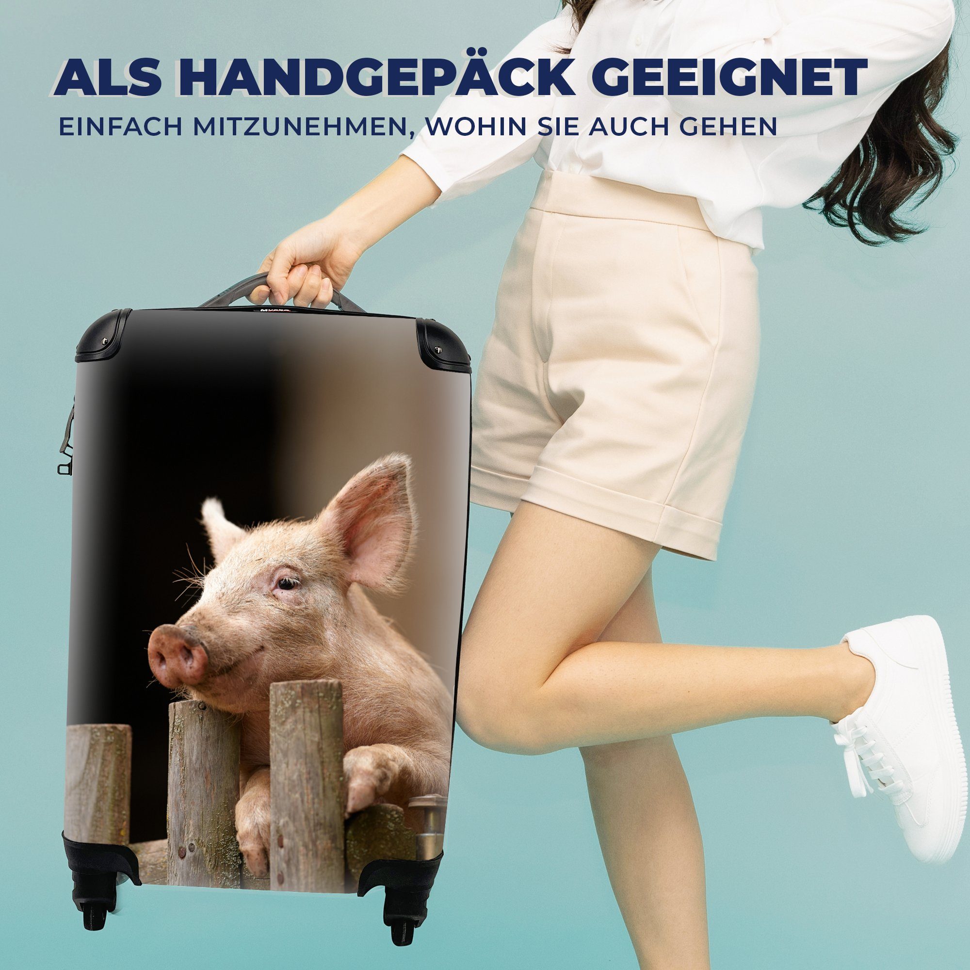 MuchoWow Handgepäckkoffer Schwein - Tier Ferien, Reisekoffer mit Rollen, rollen, für Handgepäck Zaun, 4 Trolley, Reisetasche 