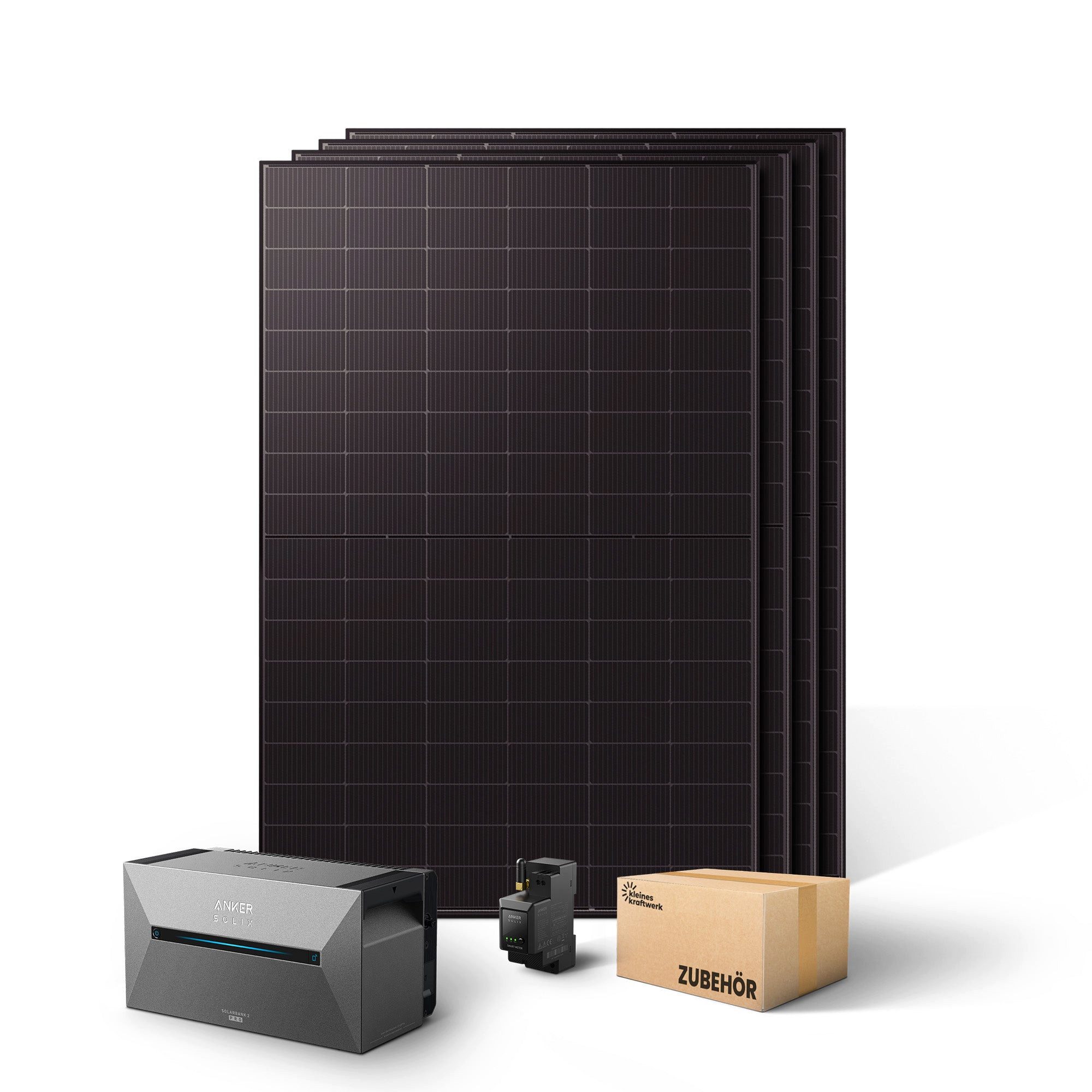 Kleines Kraftwerk Balkonkraftwerk Quattro XL mit Speicher (Anker Solarbank 2 Pro), 2000 W, Monokristallin, (ohne Halterung, Solaranlage Komplettset mit Speicher), 4 x 500W, Anker Solarbank 2 Pro, Wechselrichter