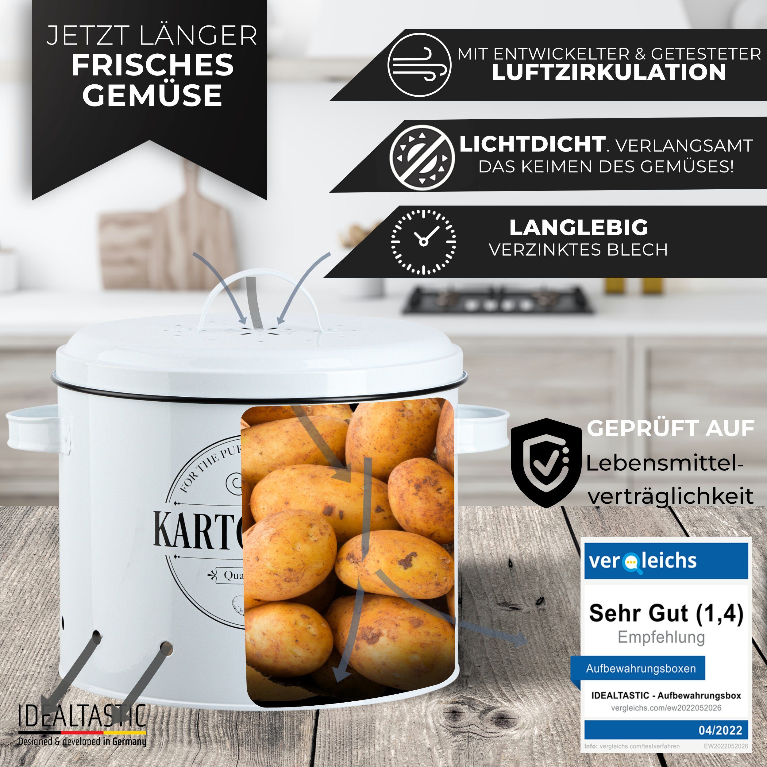 IDEALTASTIC Vorratsdose Premium Kartoffel Aufbewahrung, Zwiebel, Knoblauch Aufbewahrungsbox, Legirter Stahl, langlebig, Extra leicht, (Set, 3-tlg., 3-teiliges S – Bild 4 von 5