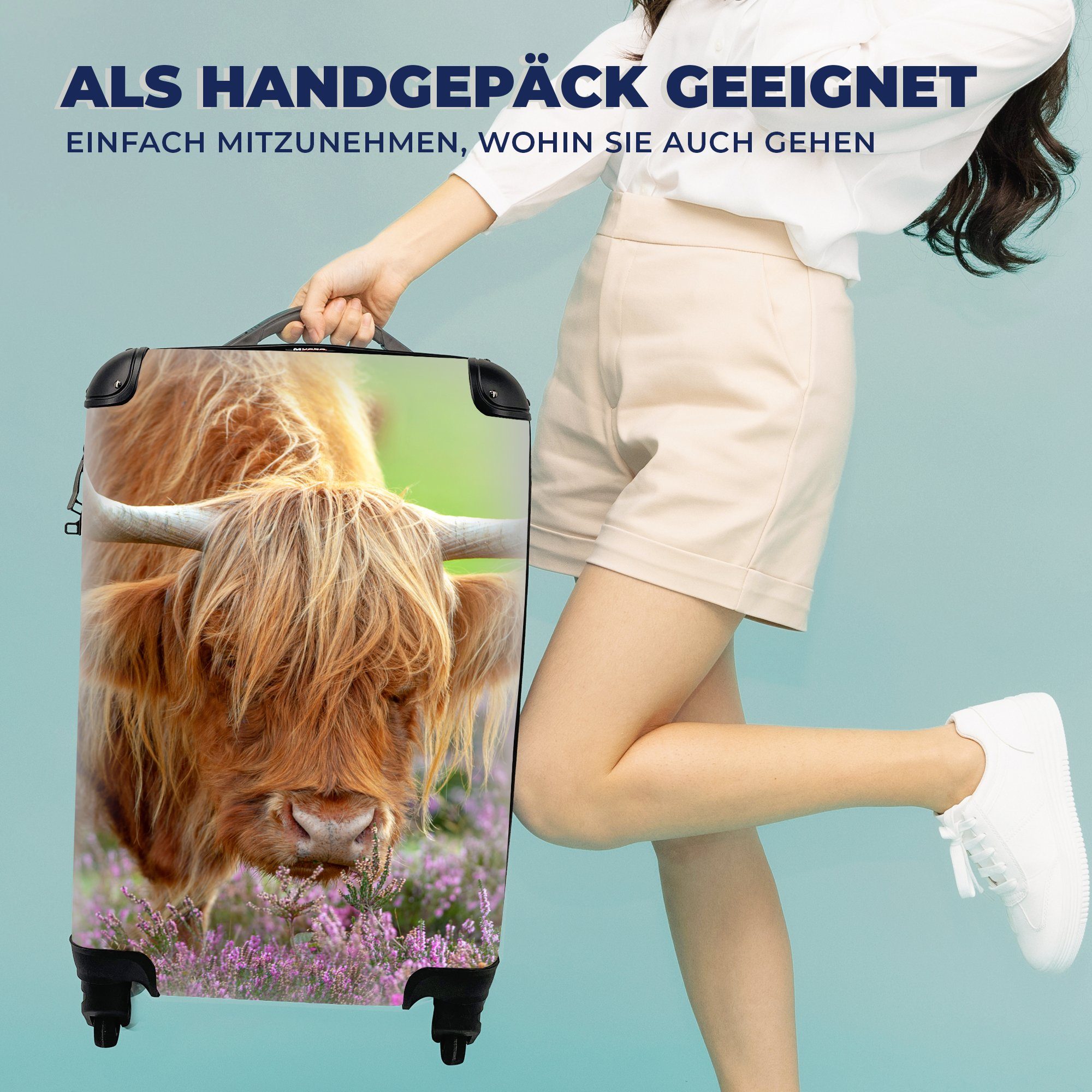 Reisekoffer Rollen, für Lila MuchoWow Highlander Ferien, - Reisetasche Blumen, 4 Handgepäckkoffer mit rollen, Trolley, - Handgepäck Schottischer