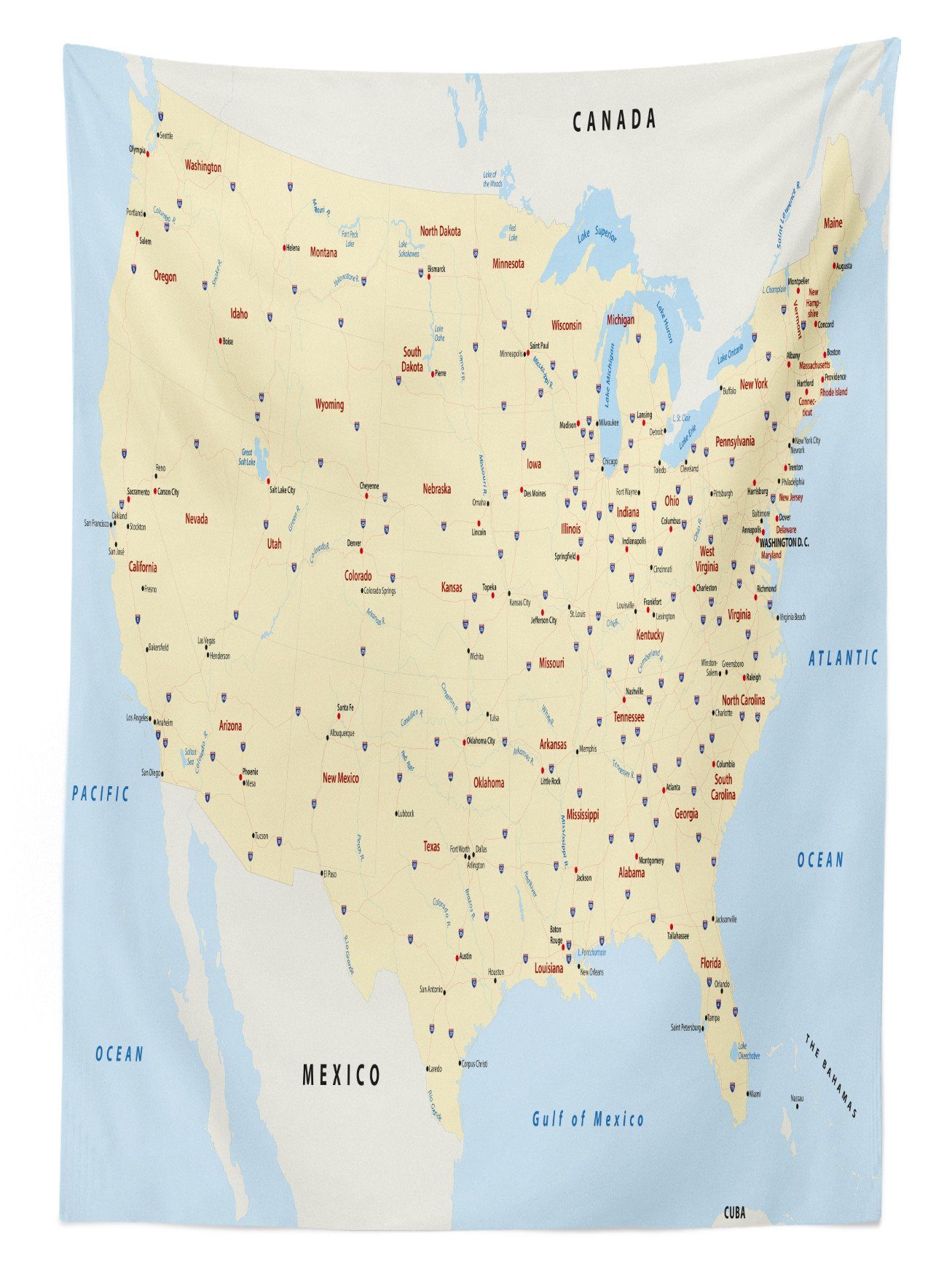 Abakuhaus Tischdecke Farbfest Klare Städte Karte Waschbar Amerika den Interstate Außen geeignet Farben, Bereich Für