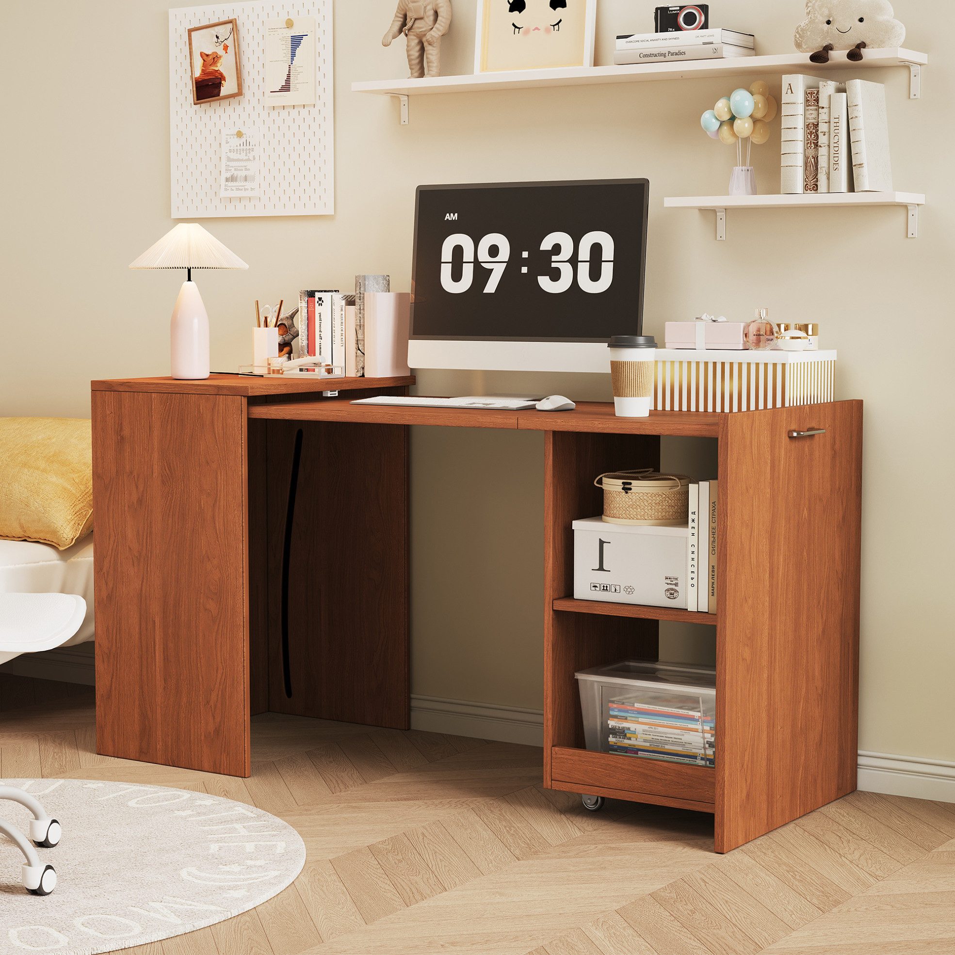 OKWISH Klapptisch 2-in-1 Schreibtisch-Schrank mit Klappfunktion (Packung, 1-St., 2 Staufächer, Rollen, platzsparend), Walnussholz, 126x55x75 cm, PB