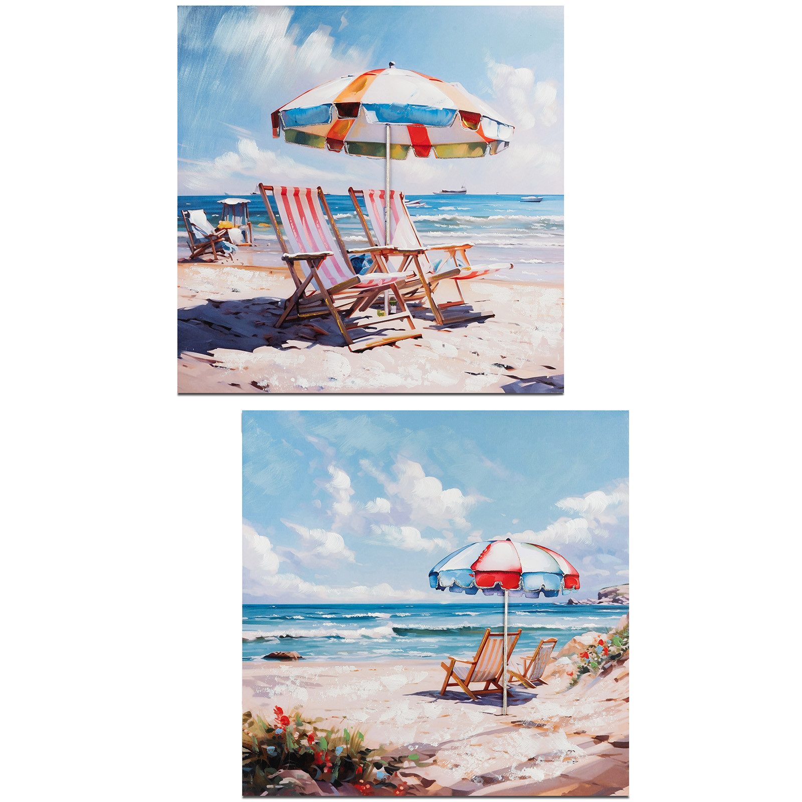 formano Wandbild 2er Set Motiv Liegestuhl Strand 60cm Leinwand handgemalt mit Glitter