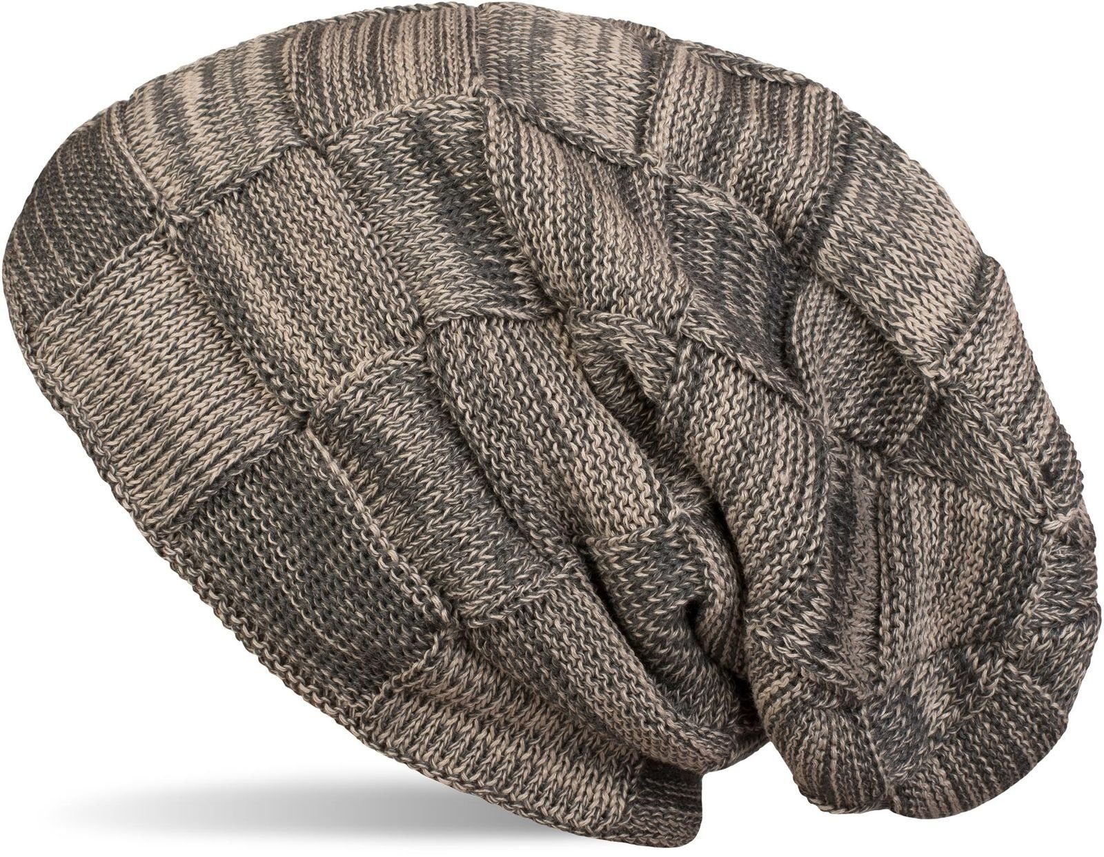 styleBREAKER Strickmütze (1-St) Feinstrick Beanie mit Karo Strick Beige-Grau