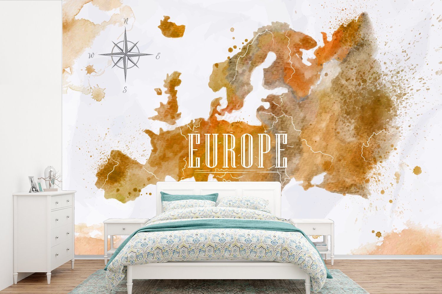 MuchoWow Fototapete Europa - Farbe - Weltkarte, Matt, bedruckt, (6 St), Wallpaper für Wohnzimmer, Schlafzimmer, Kinderzimmer, Vinyl Tapete