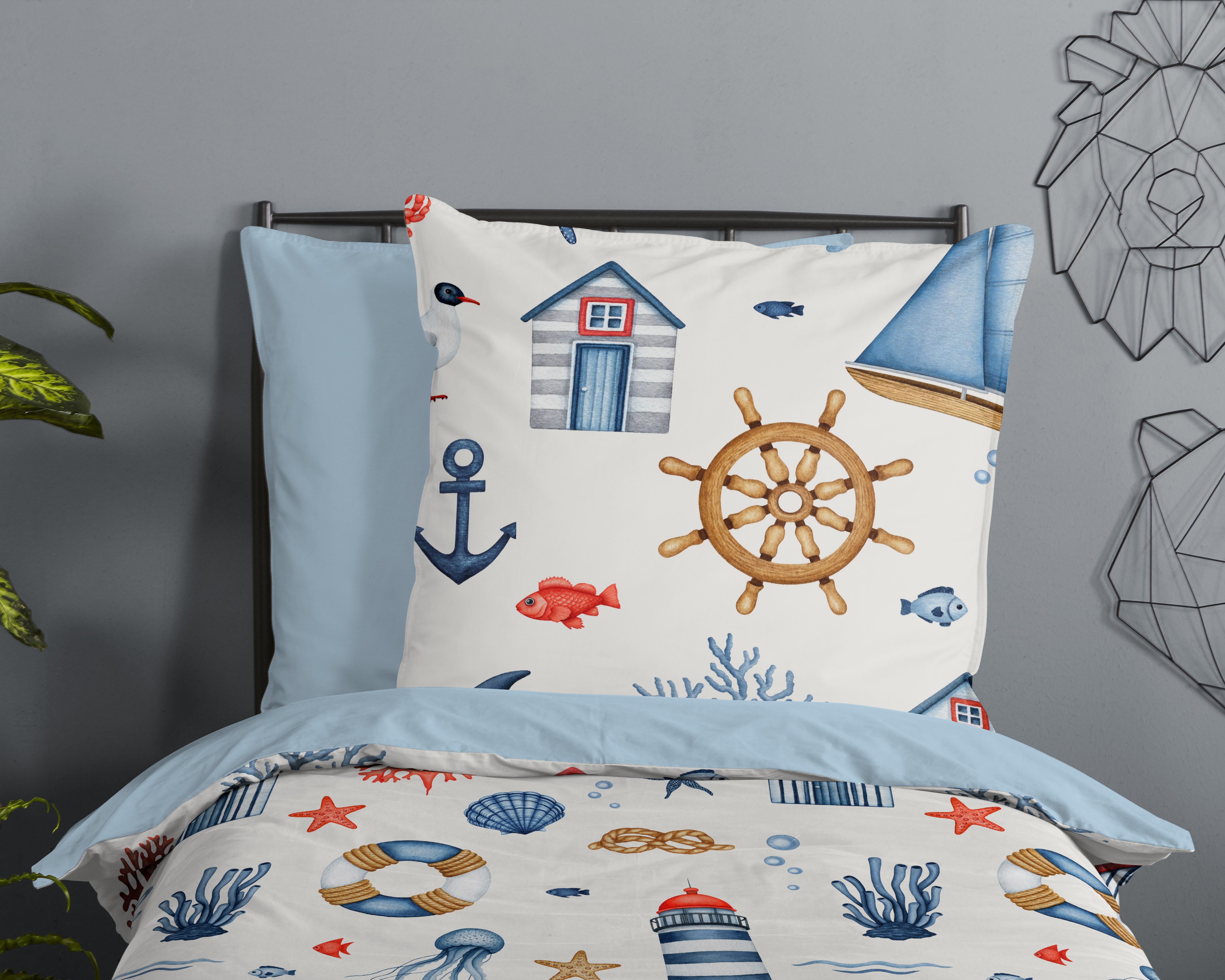 good morning Kinderbettwäsche Ahoy, Renforcé, 2 teilig, 100% Baumwolle, Reißverschluss, Wendeoptik, Baby, Kind, Maritim – Bild 3 von 4