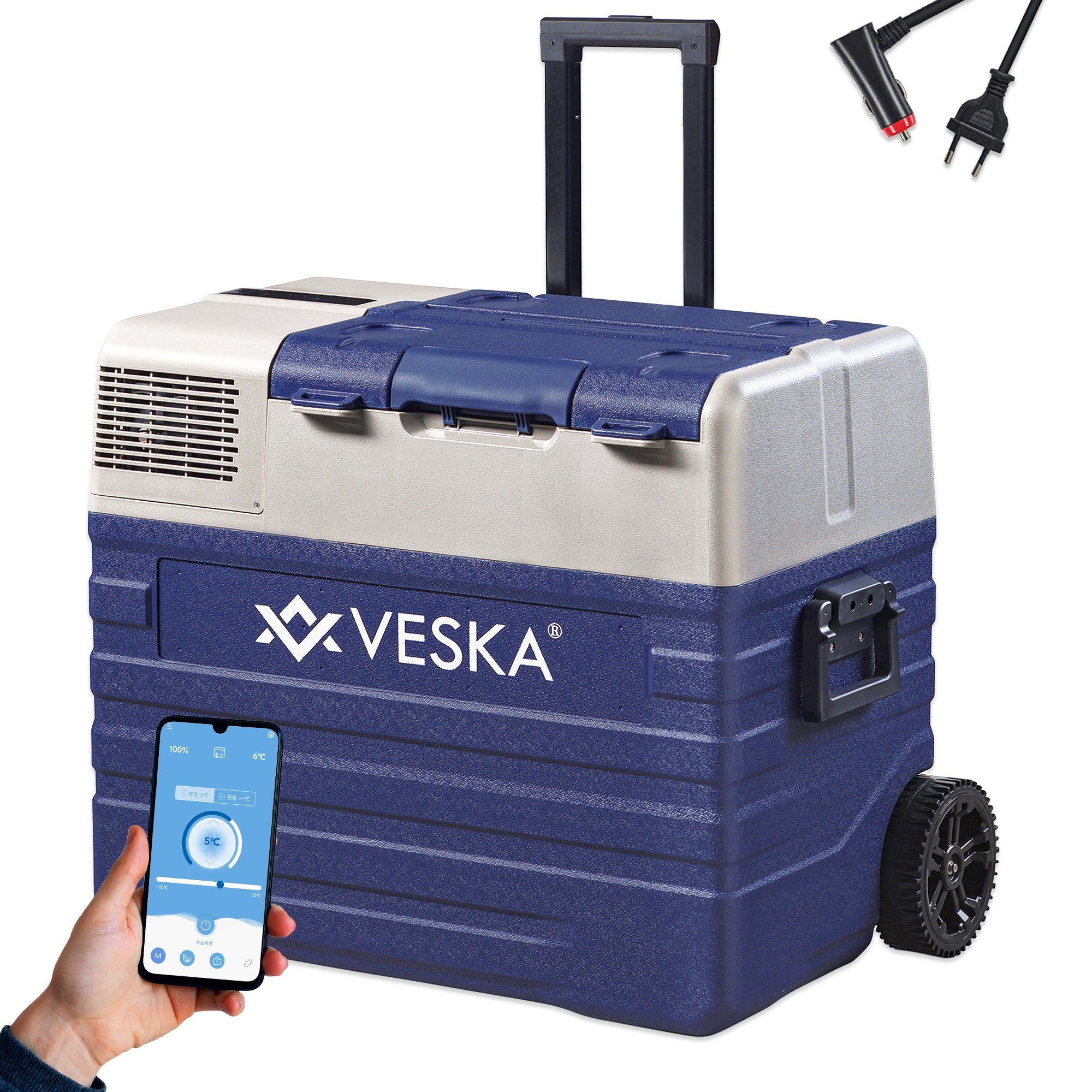 VESKA Elektrische Kühlbox Kompressor Gefriertruhe mobiler Kühlschrank, Kühltruhe, Gefrierbox, 12V/24V, 230V, für Auto, Lkw, Boot, Wohnwagen, Camping