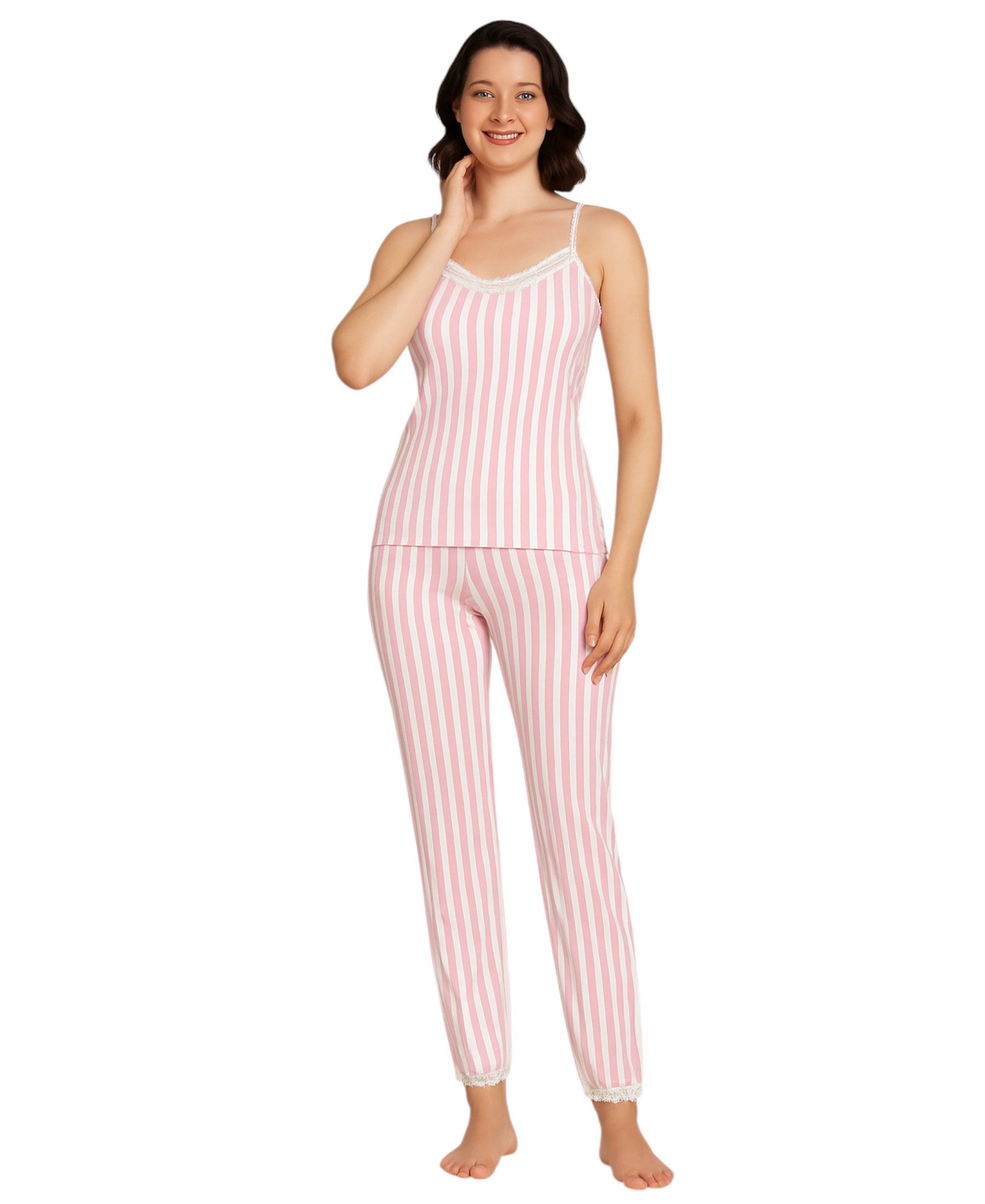 fashionshowcase Schlafanzug Damen 2-teiliges Pyjama Set Rosa – Bequemer Baumwollmix Elegante Streifenoptik