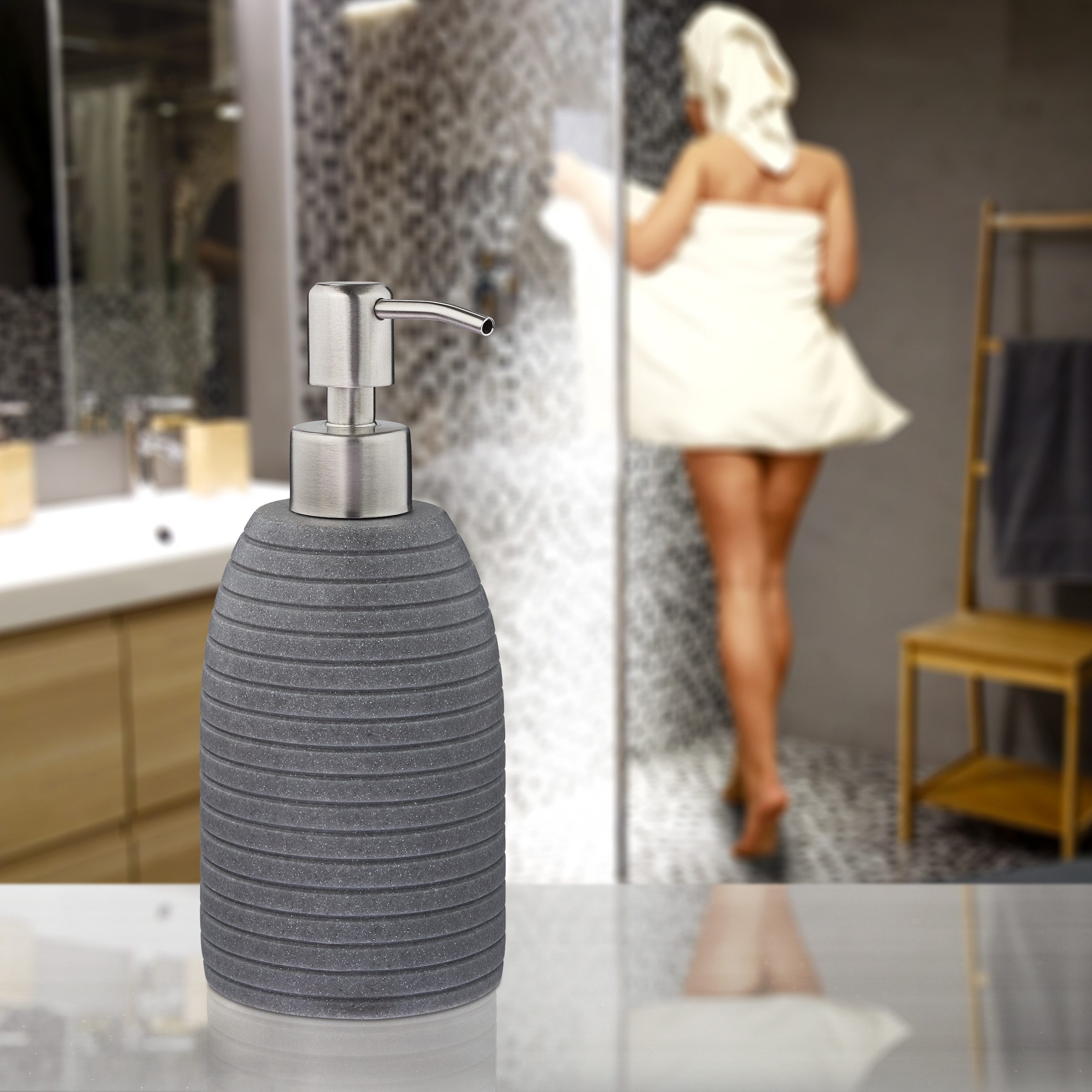 relaxdays Seifenspender Edelstahlpumpe Rille, Grau günstig online kaufen