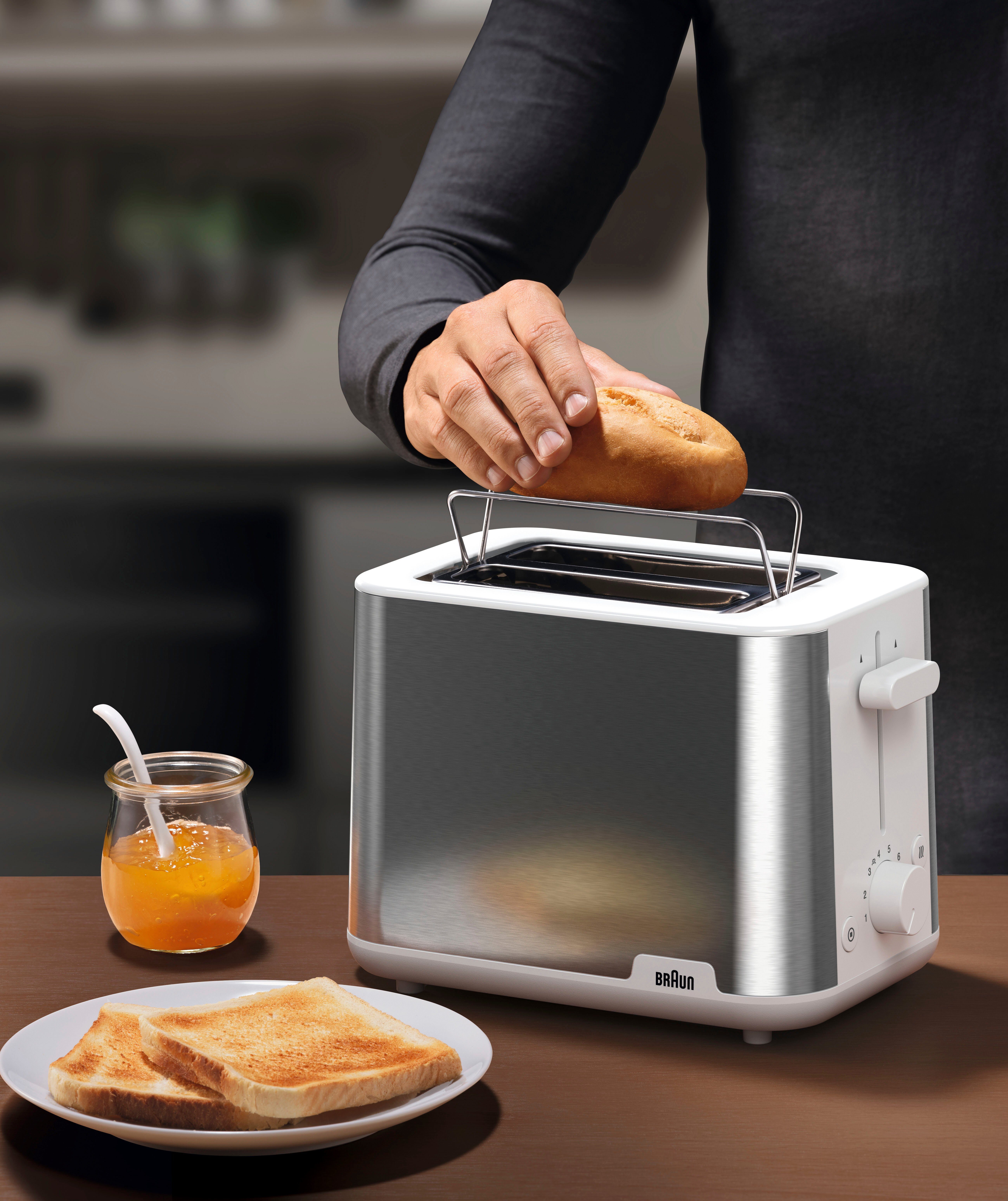 Braun Toaster PurShine HT 1510 WH - 2 Schlitze, 8 Stufen, Auftau- Aufwärmfunktion, 2 kurze Schlitze, 900 W, 900 W, Edelstahl, Automatische Abschaltung, Brötchenaufsatz