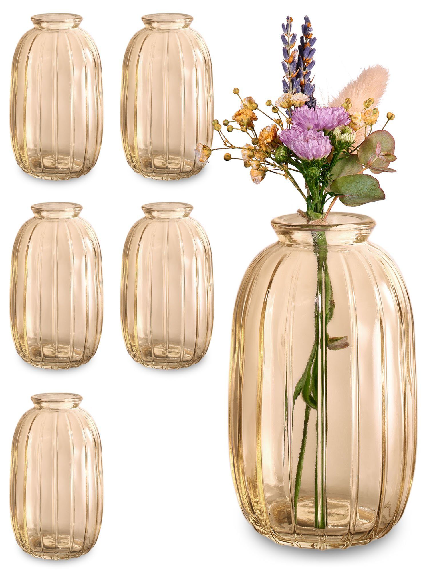 Praknu Tischvase 6 Vintage Glas Minivasen - Runde & Stabile Вази для квітів (Set, 6 St), Spülmaschinenfest - Kleine Glasvasen für Hochzeit Tischdeko - Gold