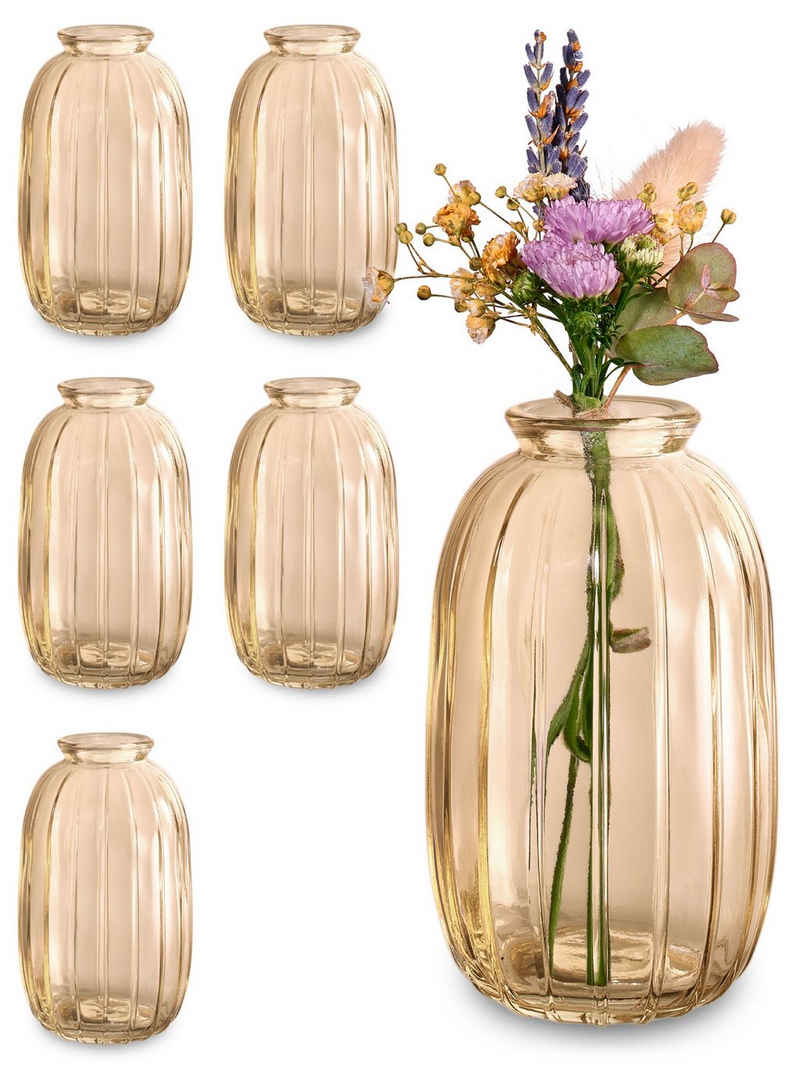 Praknu Tischvase 6 Vintage Glas Minivasen - Runde & Stabile Blumenvasen (Set, 6 St), Spülmaschinenfest - Kleine Glasvasen für Hochzeit Tischdeko - Gold