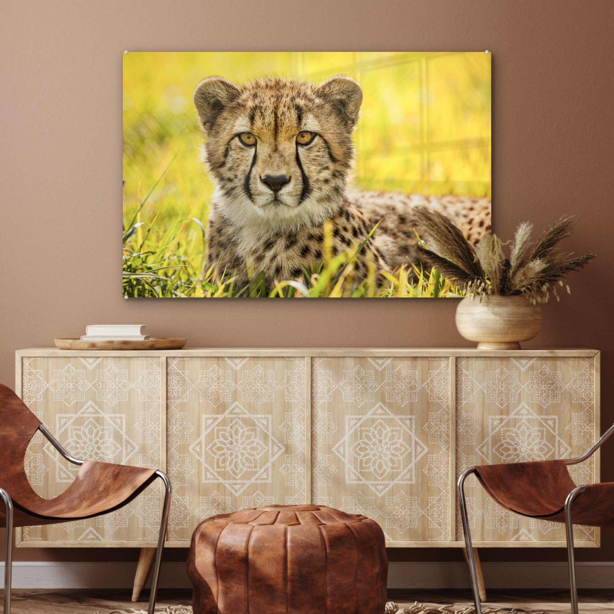 & Acrylglasbilder Leopard Gras Acrylglasbild (1 Wohnzimmer MuchoWow - - Schlafzimmer Gepard, St),