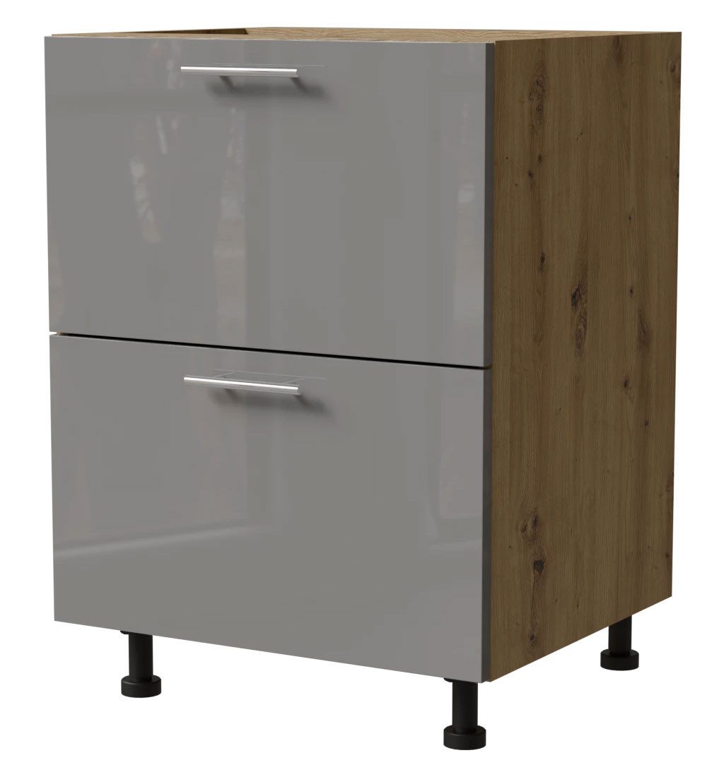 Feldmann-Wohnen Unterschrank Essen (D2M/60, 2 Schubladen, Blum Metabox Teilauszug, 1-St., moderne Optik, lackierte Fronten) 60x50x82cm Eiche Artisan - grau Hochglanz (ES-D2M/60)