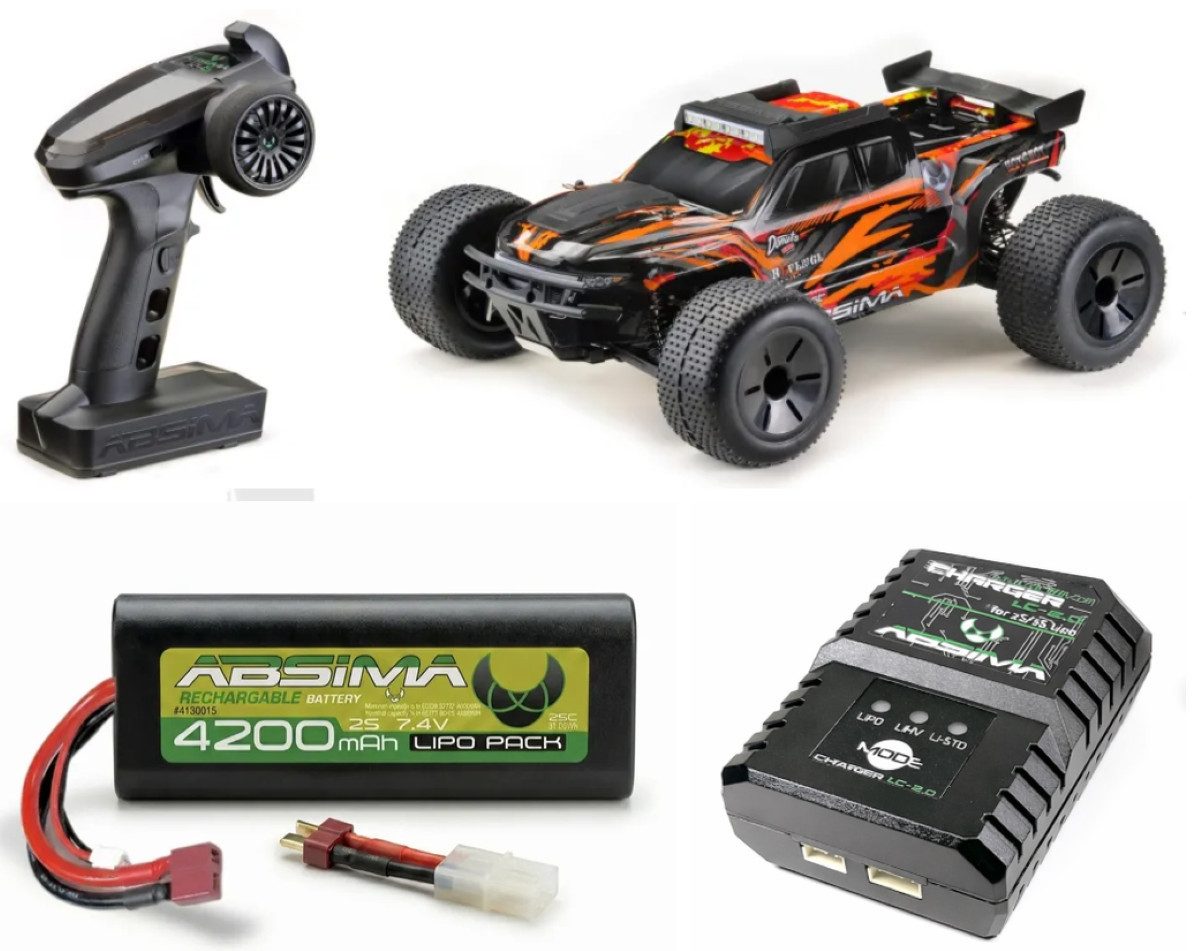 Absima RC-Auto HighSpeed Cars HotShot 3.4 BRUSHLESS 2-3S SET INKL. AKKU und LADER (Spar-Set, fertig aufgebaut), mit neuster 2,4 GHz Fernsteuerung und LED Beleuchtung