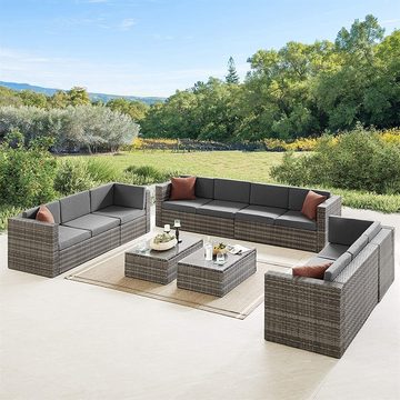 Mucola Gartenlounge-Set Sitzgarnitur Grau Polyrattan Gartenset Rattanlounge Gartenmöbel, (Set, Tisch mit Ecksofa), inkl. Auflagen und Staufach