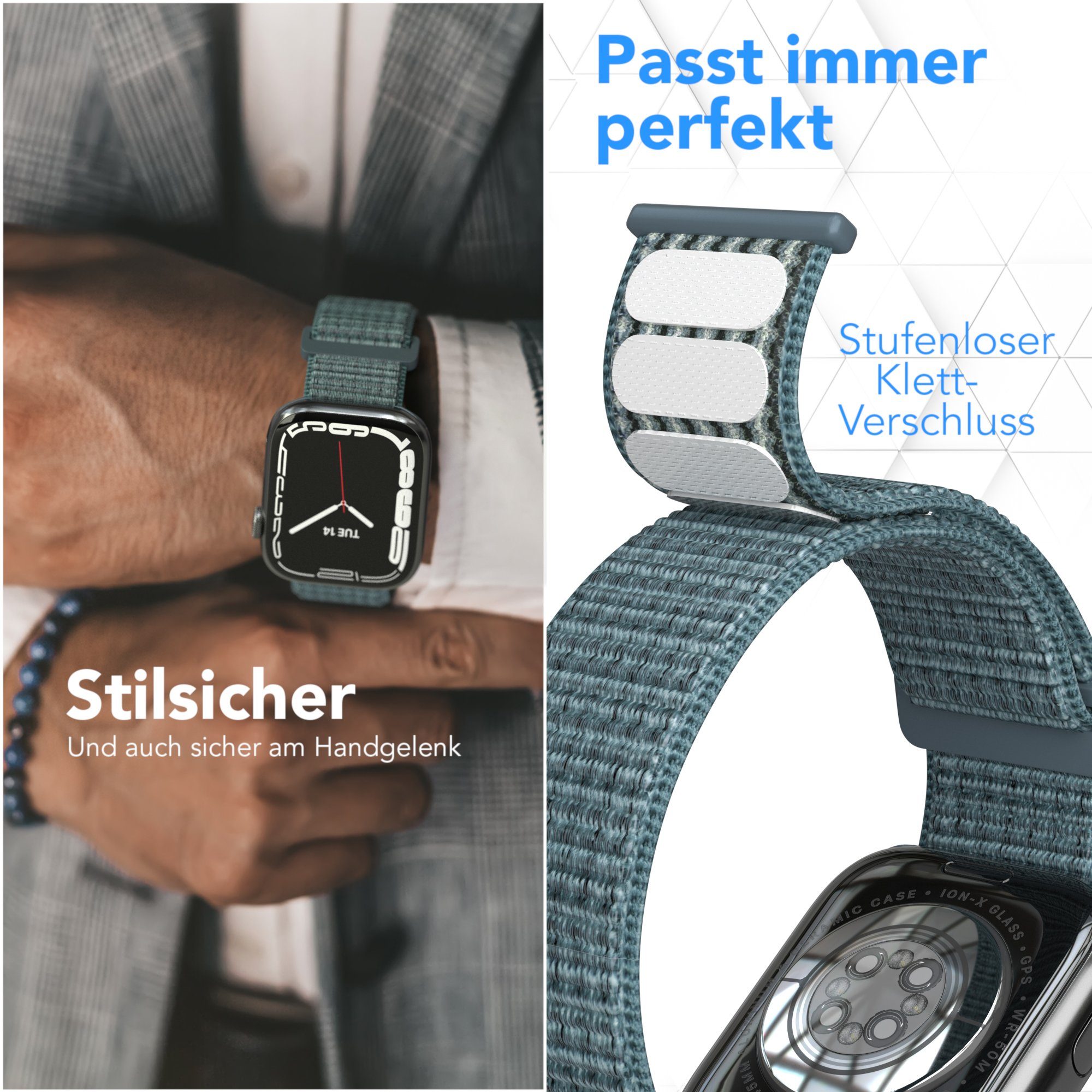EAZY CASE Uhrenarmband Nylon Band für iWatch 11 10 9 8 7 6 5 4 3 2 SE Ultra, Uhrenarmband Watch Series 44mm - 49mm Unisex Klettverschluss Blau Grau