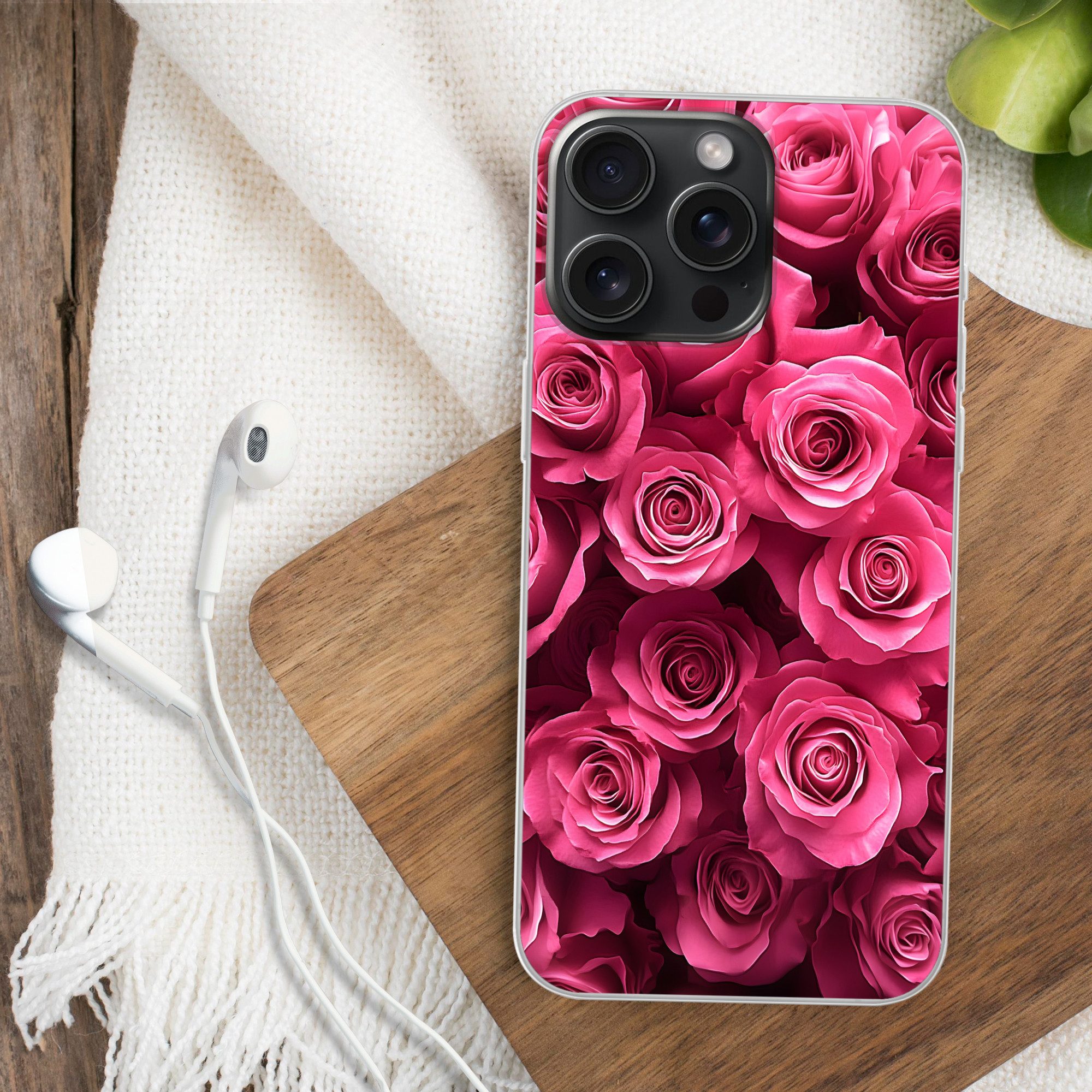 MuchoWow Handyhülle für Apple iPhone 15 Pro Max Rosen - Rosa - Blume, Smartphone-Bumper, Print, Handy Schutzhülle Dünn