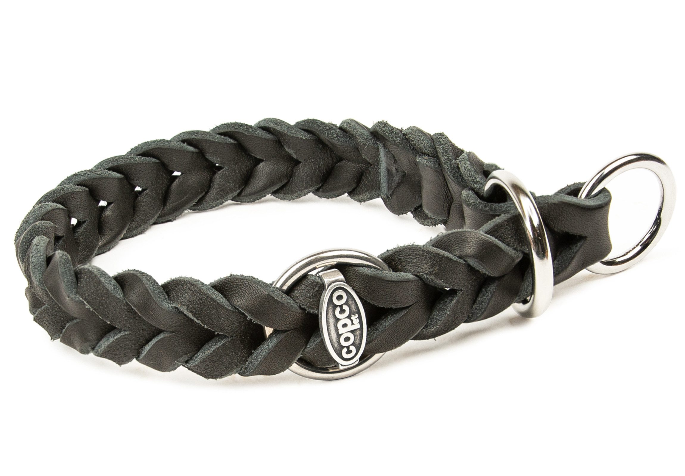 CopcoPet Hunde-Halsband Fettlederhalsband mit Zugstopp Ring, Verchromt, Leder, Geflochten, Handarbeit