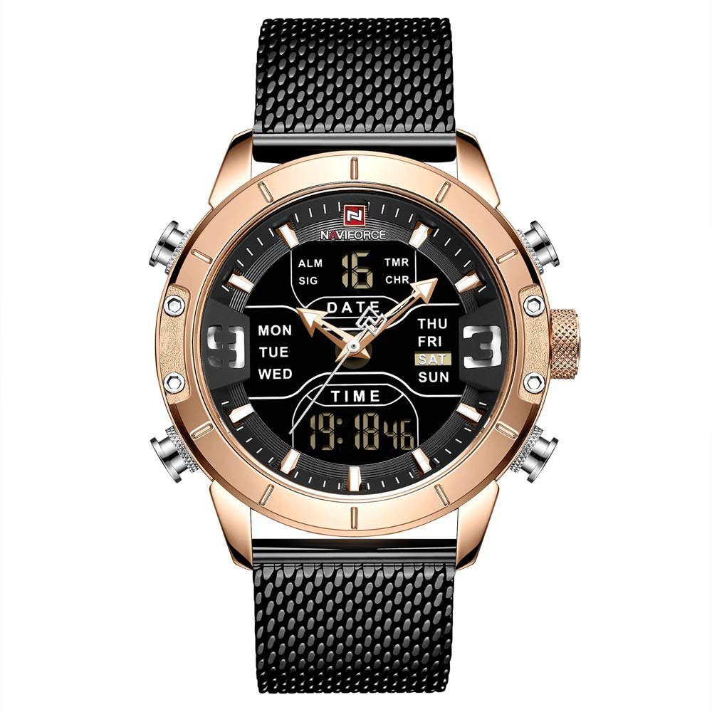 GelldG Uhr Digitaluhr, wasserdichte Sportuhren, Edelstahl Quarzuhr Armbanduhr Gold, Schwarz