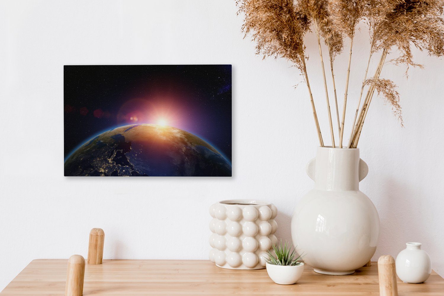 OneMillionCanvasses® Leinwandbild Erde - Sonne Aufhängefertig, Weltraum, - (1 Wandbild Leinwandbilder, Universum 30x20 Wanddeko, - St), cm