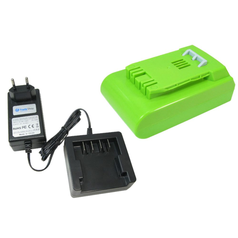 Trade-Shop 2in1 Set passend für Greenworks G24HT56 G24LT28 G24PH51 - Ladegerät + Akku Li-Ion 2000 mAh (24 V)