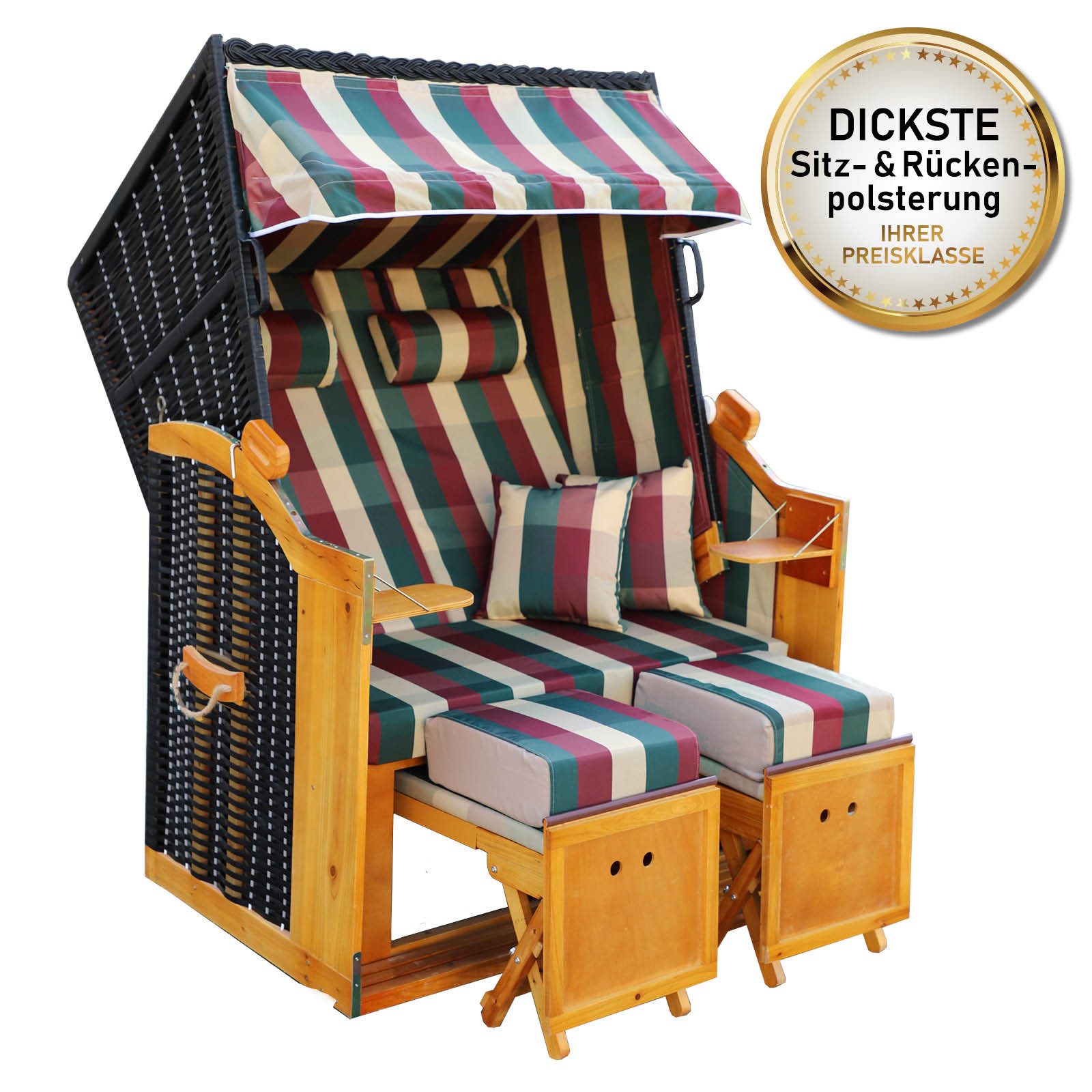 BRAST Strandkorb für 2 Personen, 120cm breit, 5 Designs, BxTxH: 120x79x150 cm, Volllieger, Rügen Deluxe, (verstellbare Rückenlehne weiches Fußkissen), inkl. wetterfeste Abdeckhaube