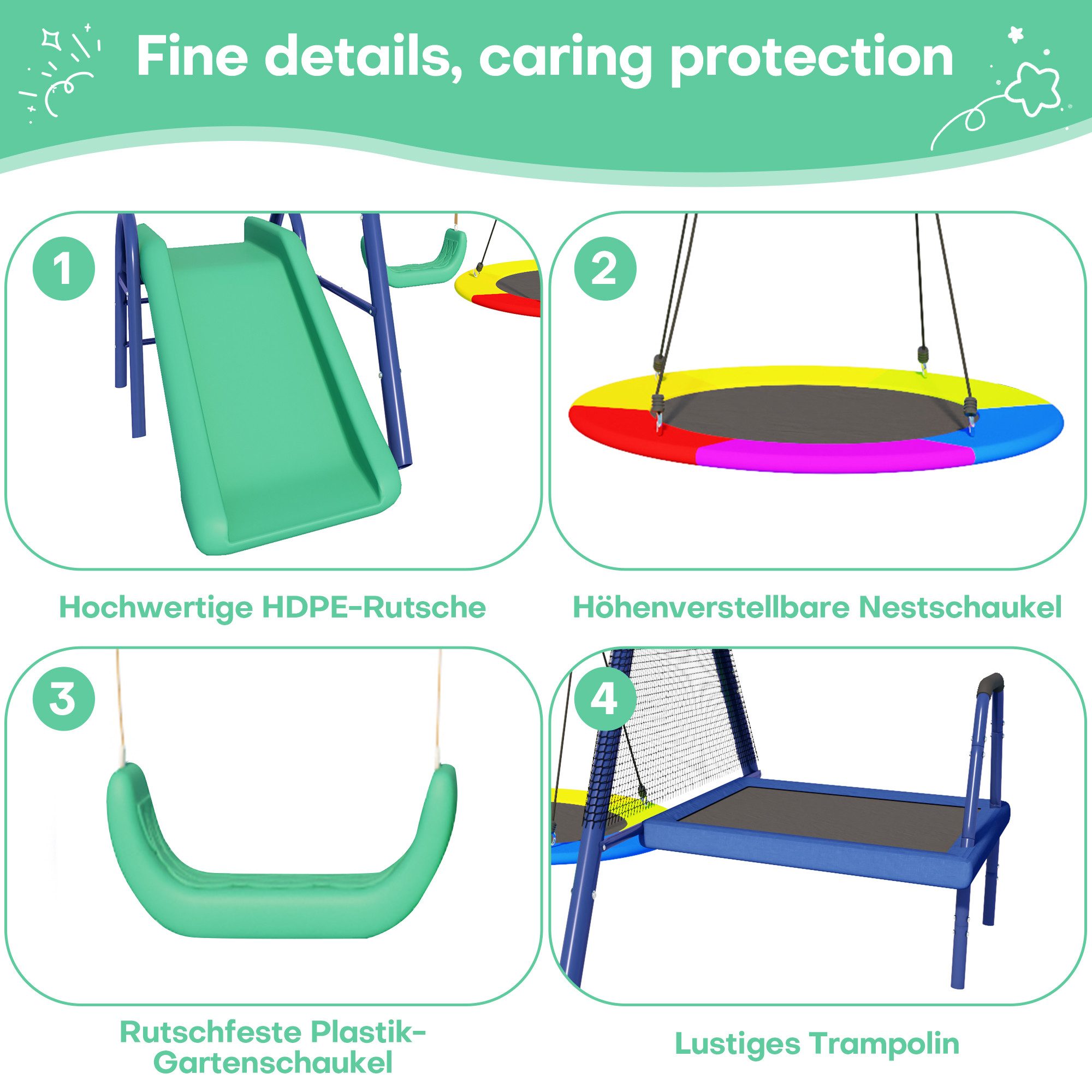 DOPWii Schaukelkombination Garten-Schaukel Set mit Rutsche,Trampolin,Nestschaukel,Plastikschaukel, Schaukel-Set Spielkombination für draußen