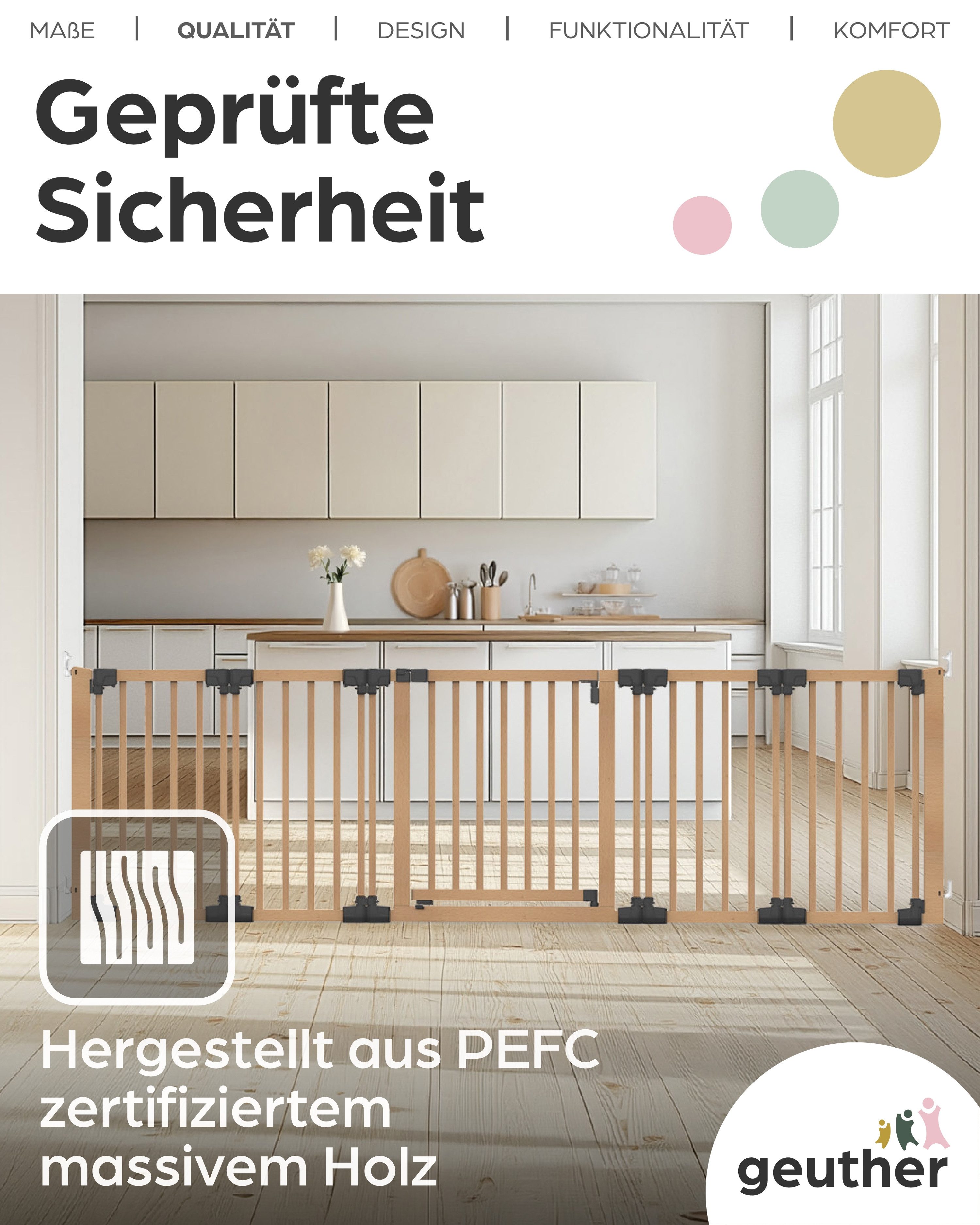 Geuther Türschutzgitter Variables Konfigurationsgitter „Yoko“ aus Holz – 95–260 cm, Auch als Treppenschutzgitter verwendbar
