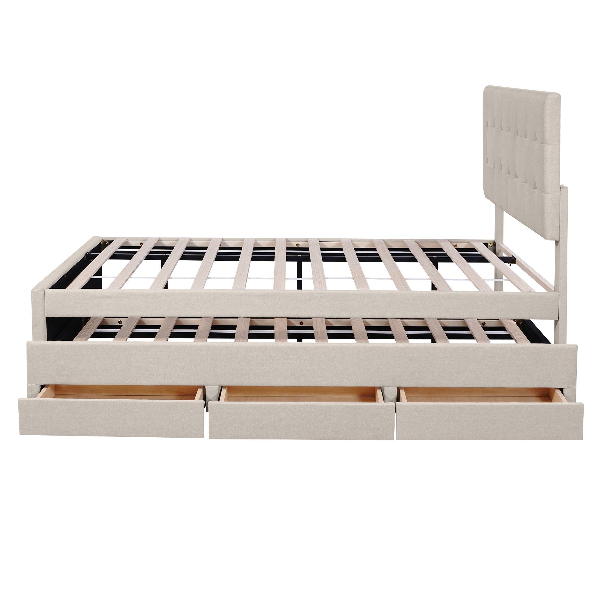 SOFTWEARY Polsterbett (Doppelbett mit Schubladen, cm), höhenverstellbar, und Leinen 2. beige Kopfteil Schlafgelegenheit, 140x200 Lattenrost