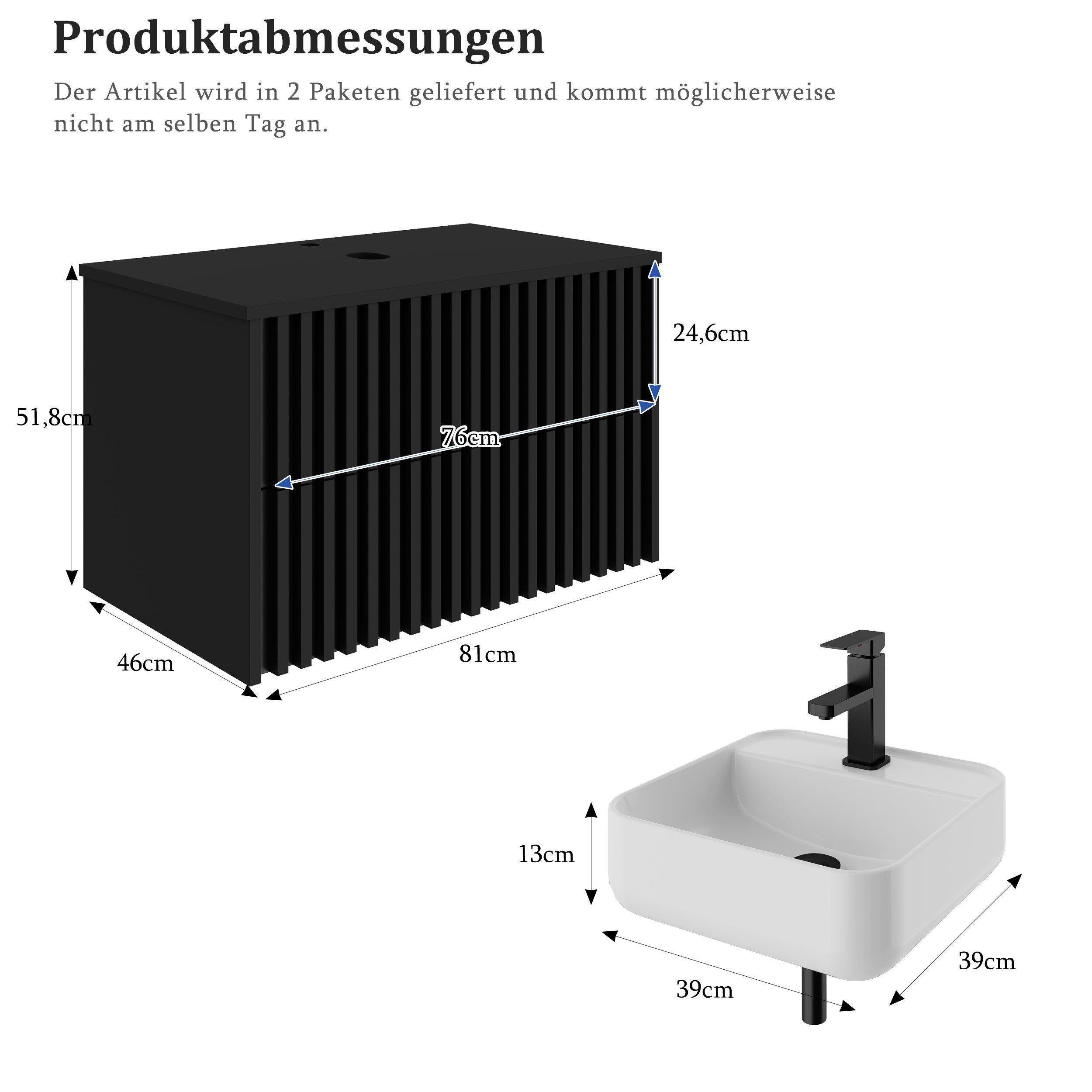 UEV Waschtisch mit Unterschrank hängend Rechteckiges Keramikwaschbecken (Komplett-Set Badmöbel, Badezimmmer Schrank, mit Wasserhahn und Pop-up-Ablassventil Aufs – Bild 4 von 5