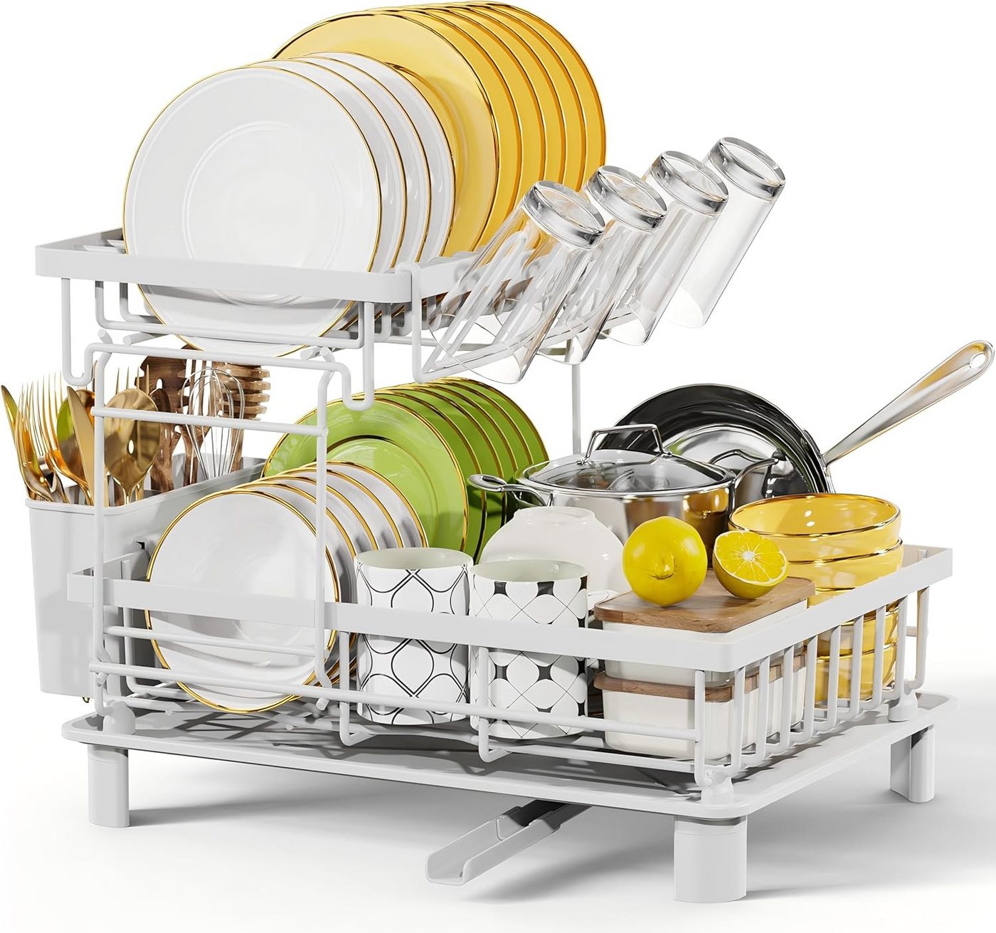Refined Living Geschirrständer 2-stufiges Geschirrabtropfgestell,Multifunktionales Abtropfgestell-Set, Zubehör für Geschirrabtropfer mit Abtropfwanne, Geschirr-Abtropfgestell, Abtropfgestell Küche, Geschirrständer für die Küchenarbeitsplatte mit 360° Abfl