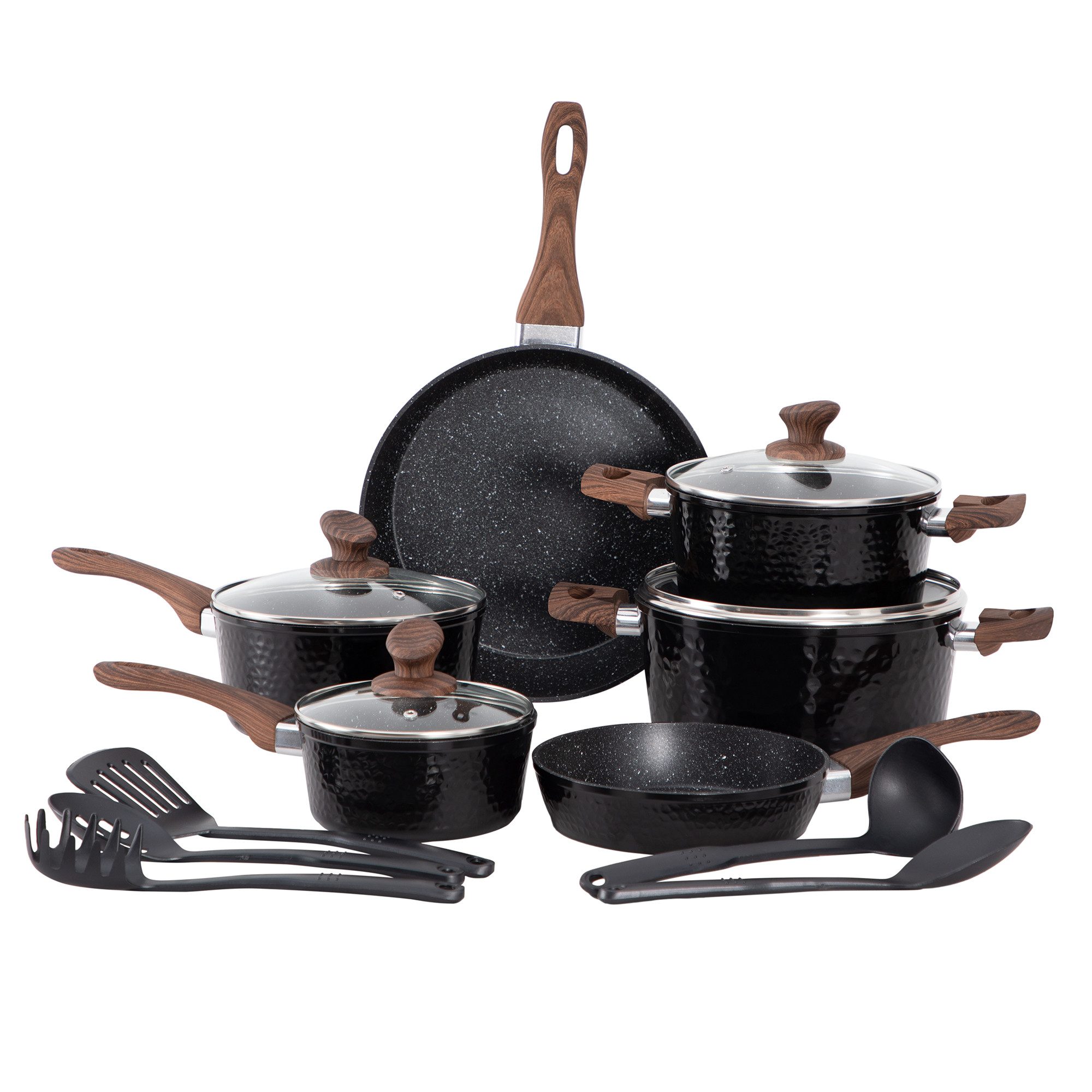 Kitchen Academy Topf-Set, Aluminium, Granit (20,3 cm/27,9 cm Bratpfanne, 1,5qt/3qt Stieltopf mit Deckel, 3qt/5qt Kasserolle mit Deckel, 5 Silikonspatel), Induktionskochgeschirr-Set 15-tlg Antihaft-Kochgeschirr-Set