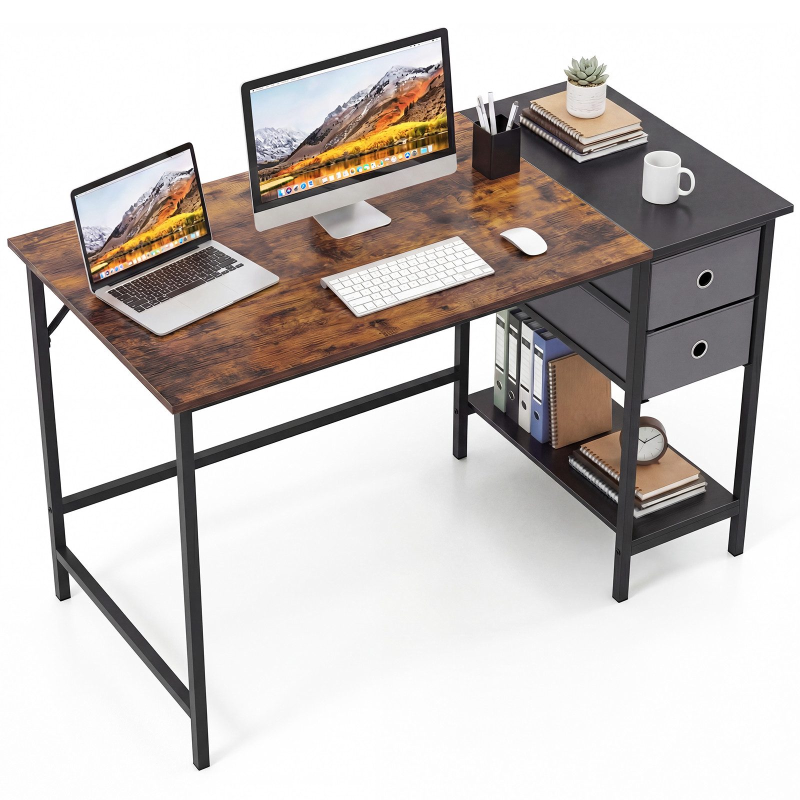 COSTWAY Schreibtisch, mit 2 Schubladen. Ablage Computertisch 120 cm Arbeitstisch