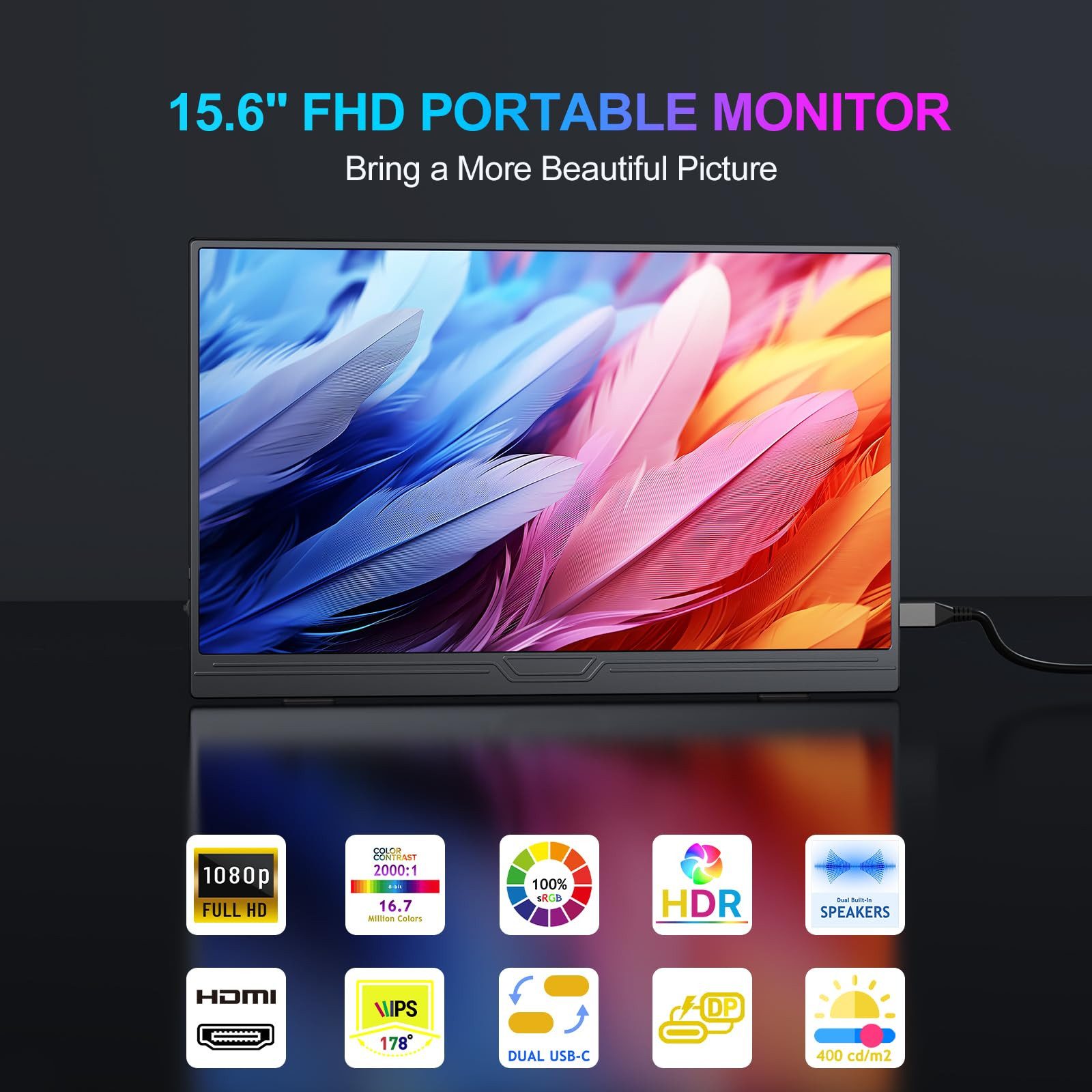 Bundviel Portable Monitor 15.6 Zoll Tragbarer Mobiler Monitor FHD 1080 HDR IPS Portabler Monitor (1920 x 1080 px, 2 ms Reaktionszeit, IPS)